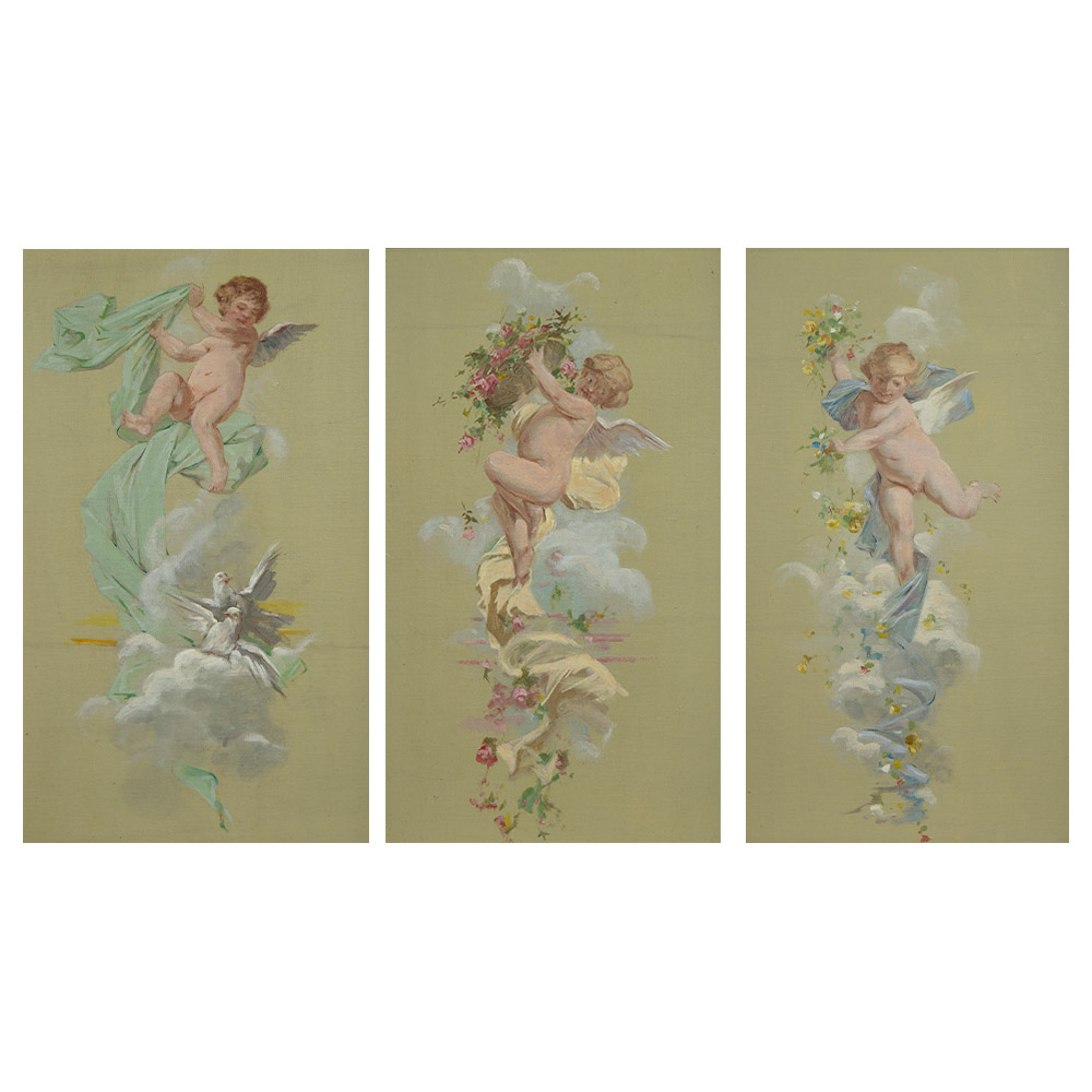 Triptych of oil on panel Angels, framed