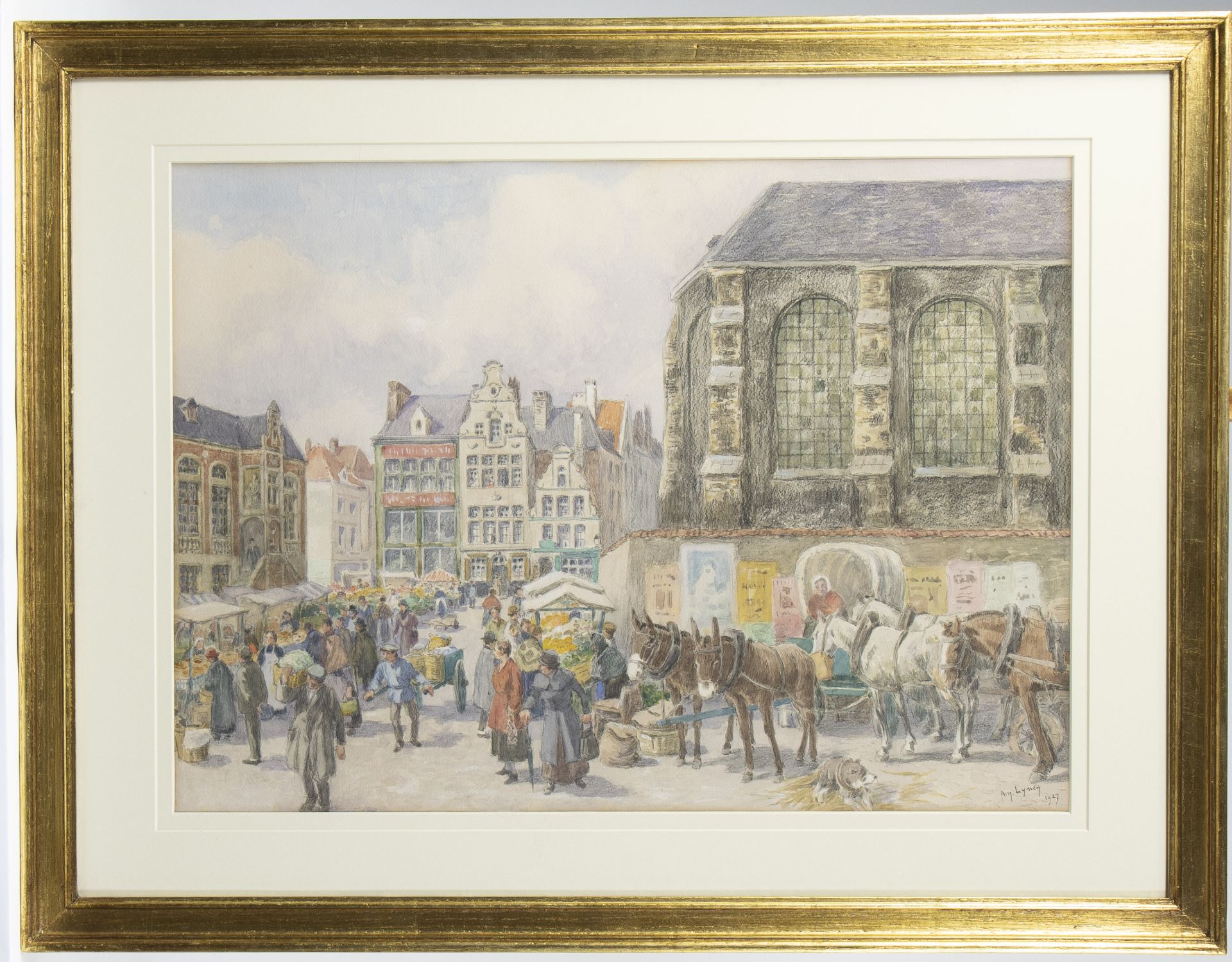 Amédée Ernest LYNEN (1852-1938), mixed media Place Saint-Catherine, signed and dated 1927 - Image 2 of 3