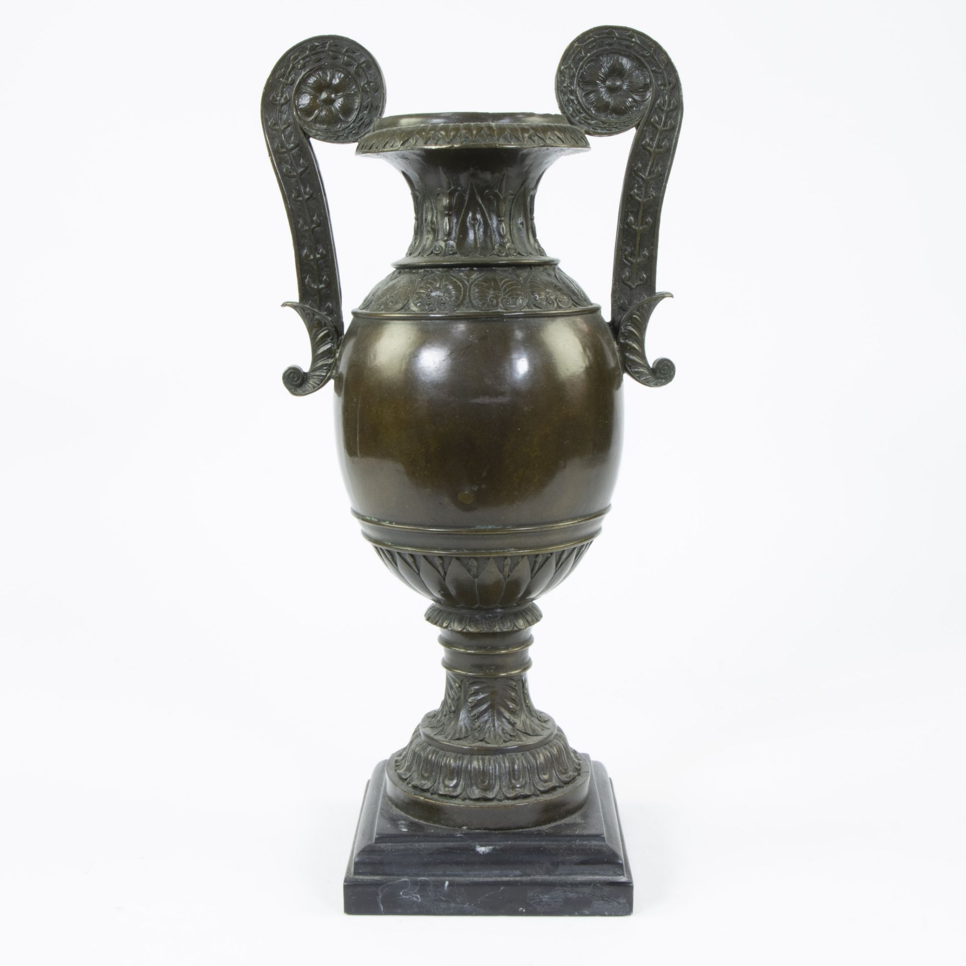 Large bronze neo-classical vase after Greek Roman example, on marble base