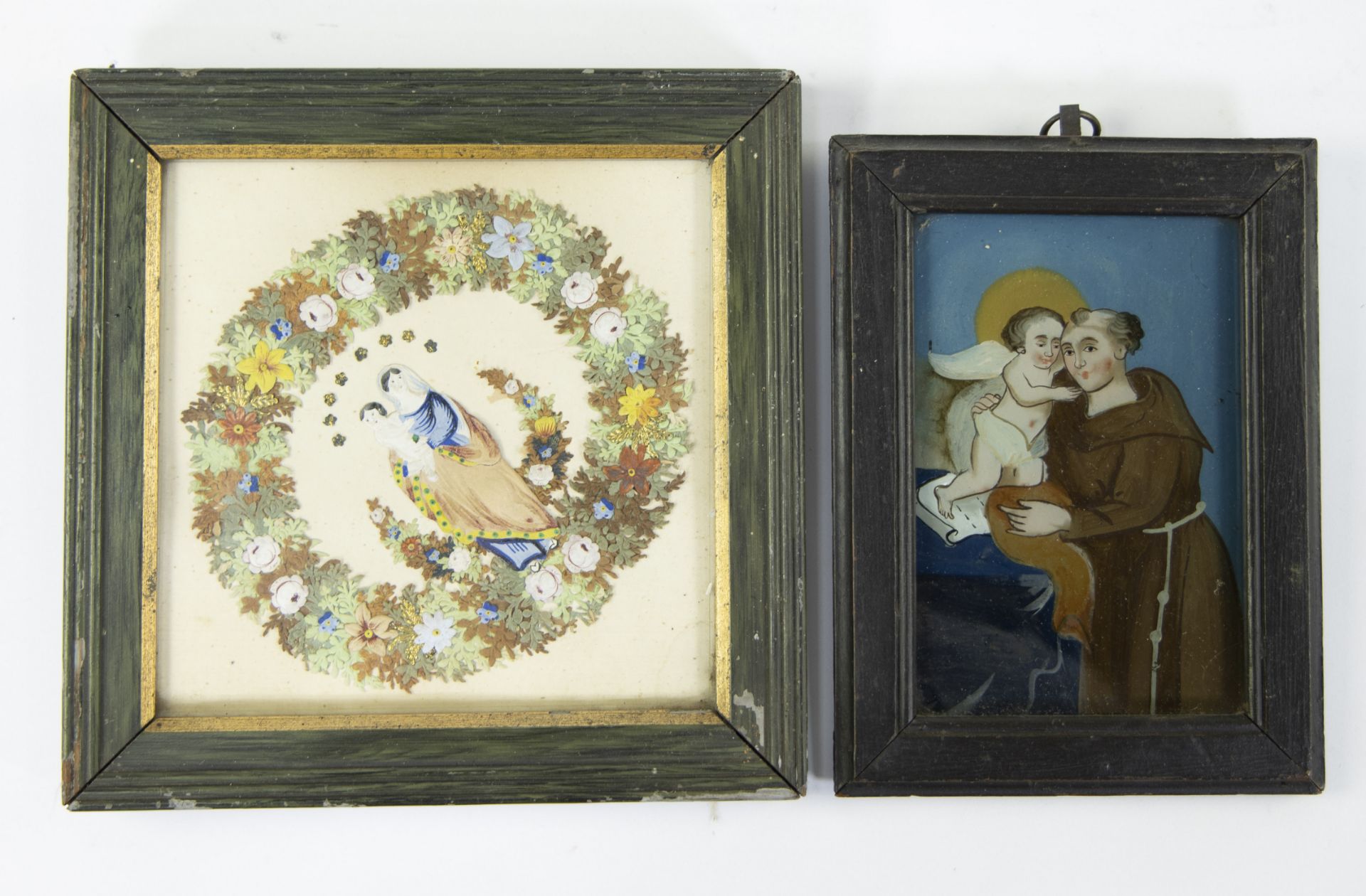 Religious items, 3 frames folk art, polychrome statue Madonna and child, tile tableau and Corpus - Image 4 of 6