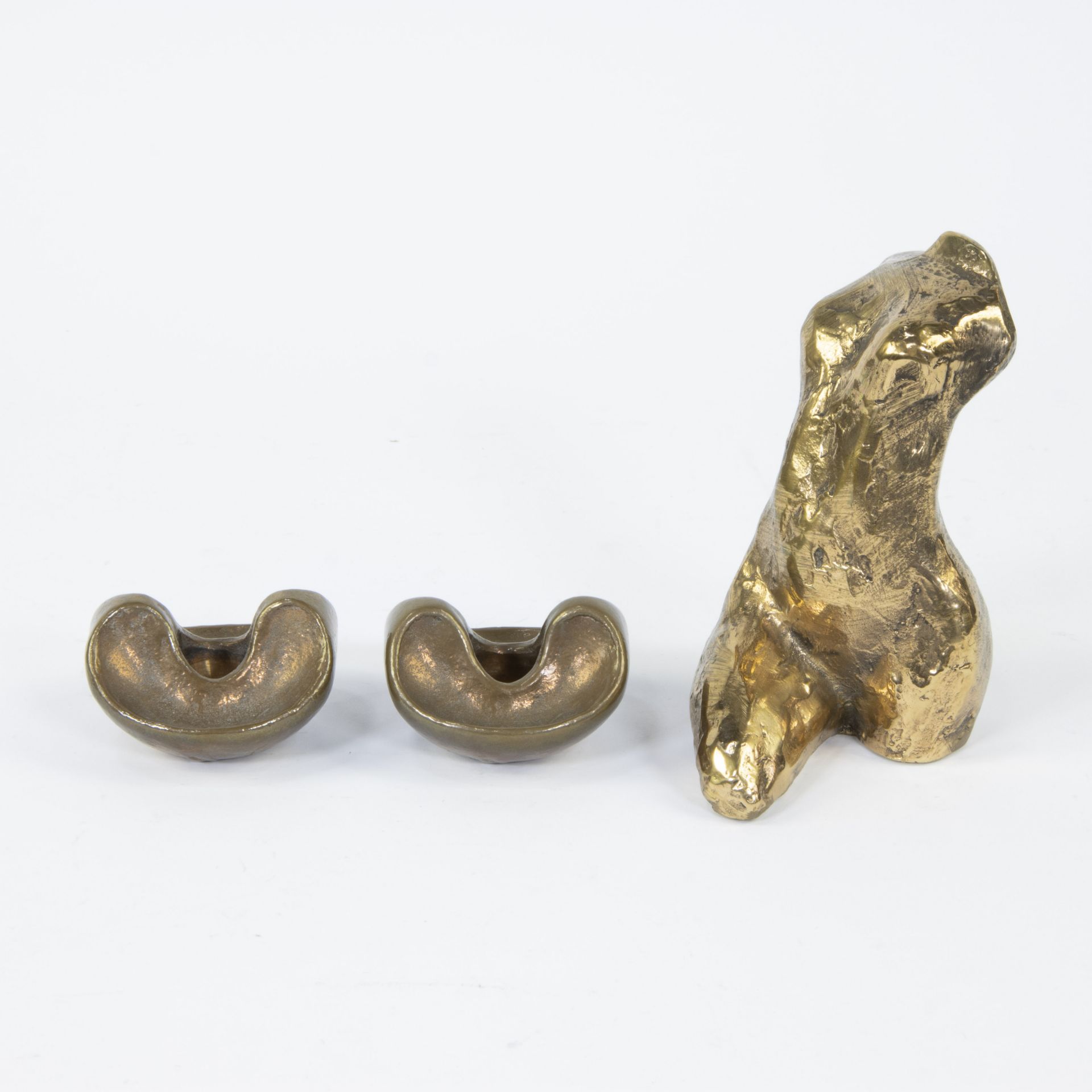 Gilt bronze female torso, numbered 22/200 and signed Michel and added pair of small bronze candlesti