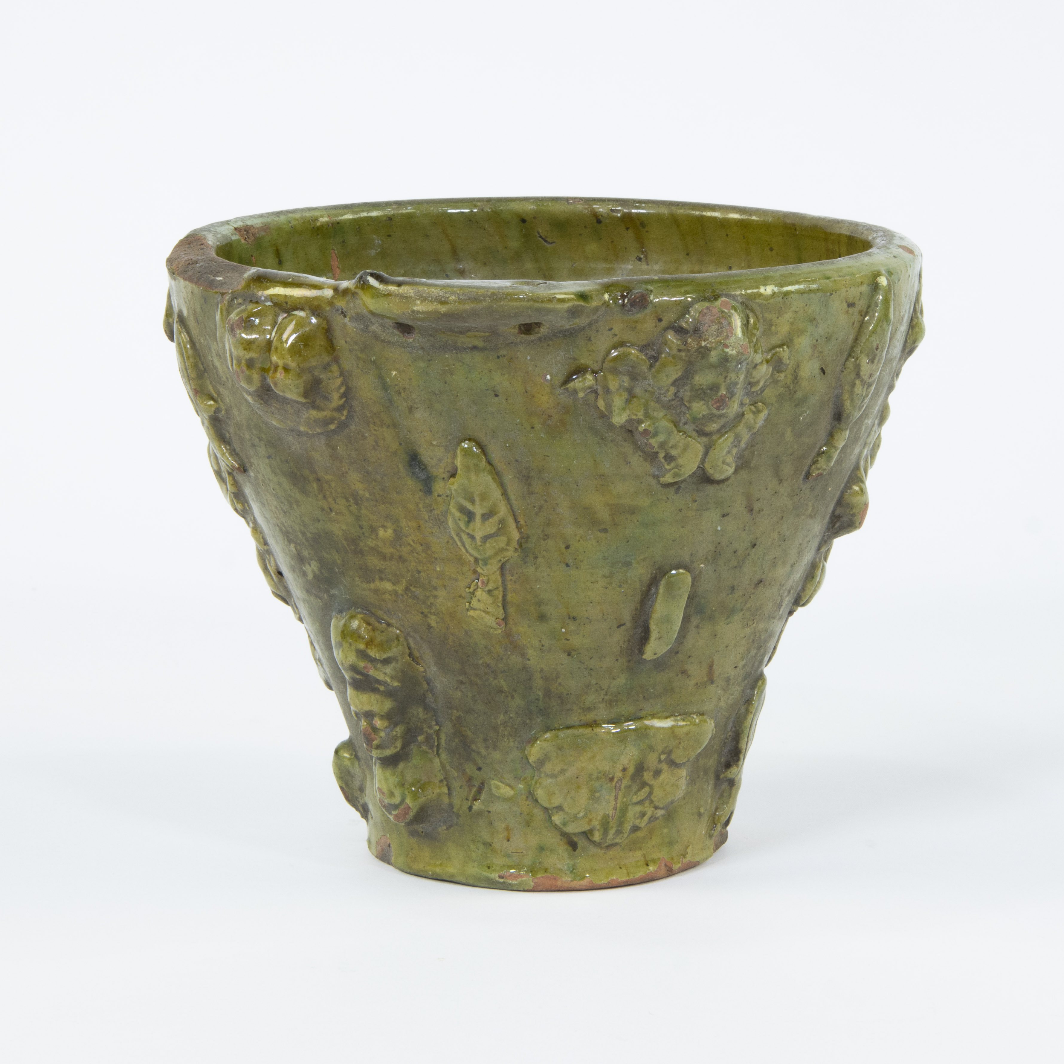 Spanish holy water bucket in green faience decorated with Madonna and angels in reliefs, 18th centur - Image 2 of 5