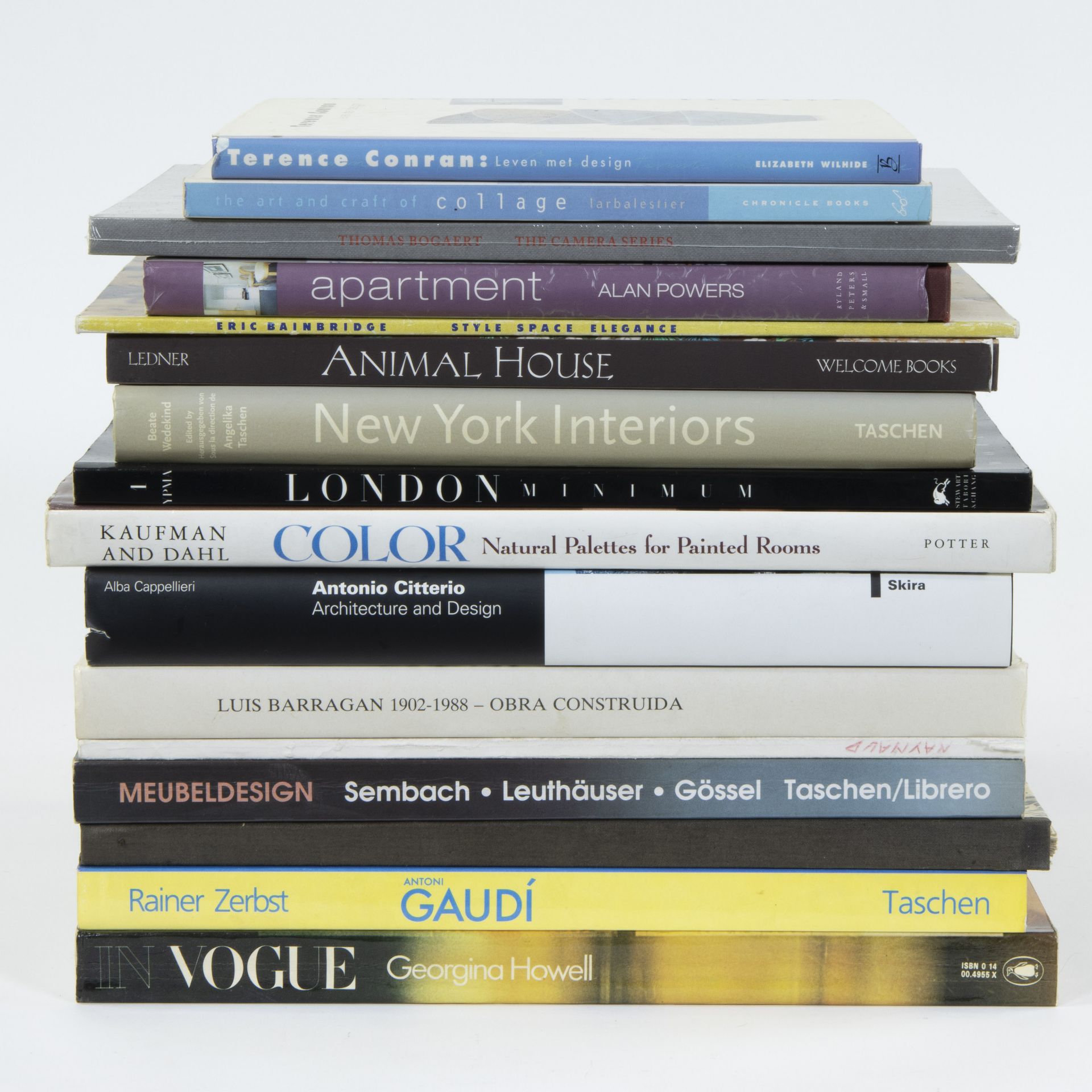 Collection of art books on interior design, furniture design, architecture