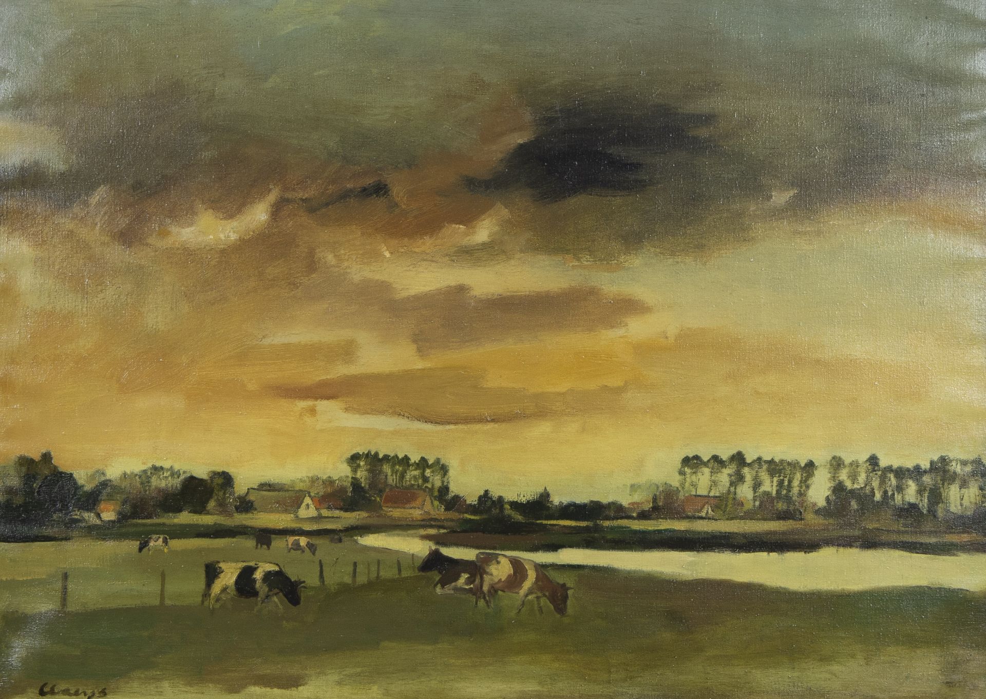 Albert CLAEYS (1889-1967), oil on canvas Cows by the River Lys, signed