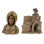 Gold patinated terracotta head of a girl, signed G Vandevoorde and terracotta sculpture of a pipe-sm