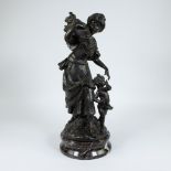 Bronze sculpture Girl with child on marble base, signed, after Auguste MOREAU