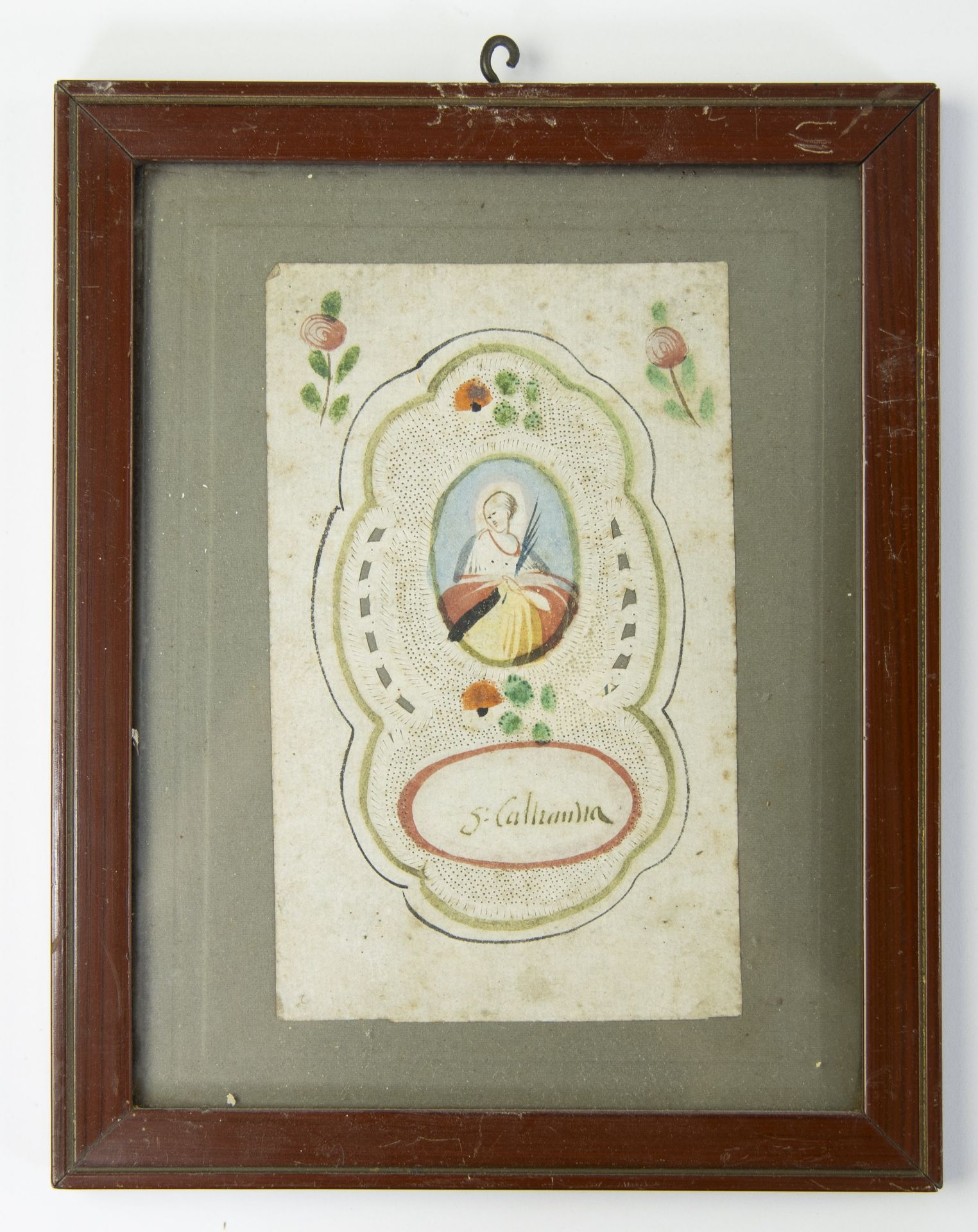 Religious items, 3 frames folk art, polychrome statue Madonna and child, tile tableau and Corpus - Image 5 of 6