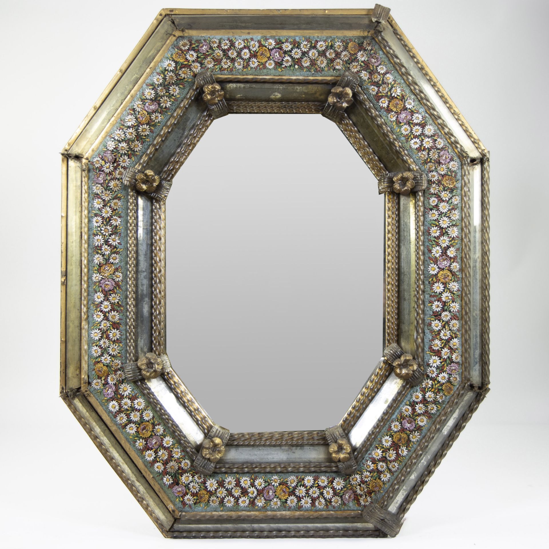 Venetian octagonal mirror with decoration of flowers in enamel and glass, 19th century