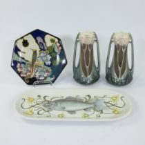 Collection of Art Nouveau pottery, pair of stylised vases, dish Villeroy Boch and plate Gouda