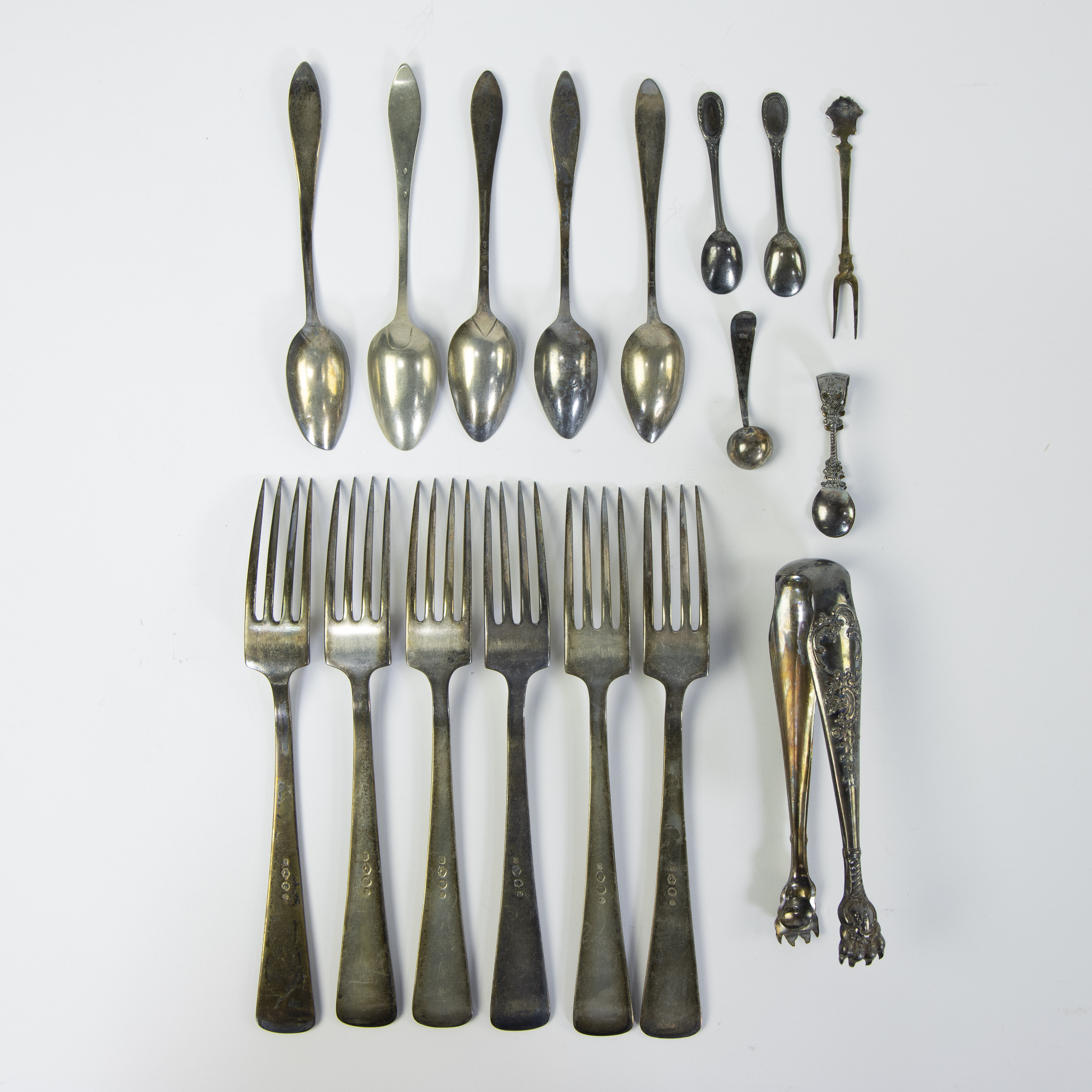 Lot silver forks, spoons silver 835, year letter N = 1923, mini square head B = city hallmark Utrech
