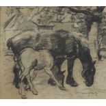 Hubert MALFAIT (1898-1971), charcoal drawing Horse with foal, signed