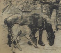 Hubert MALFAIT (1898-1971), charcoal drawing Horse with foal, signed