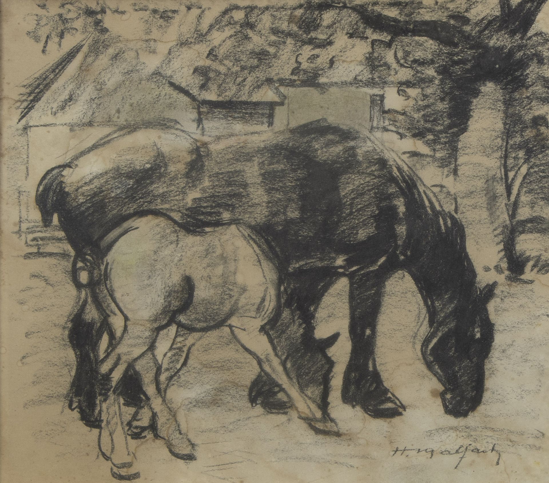 Hubert MALFAIT (1898-1971), charcoal drawing Horse with foal, signed