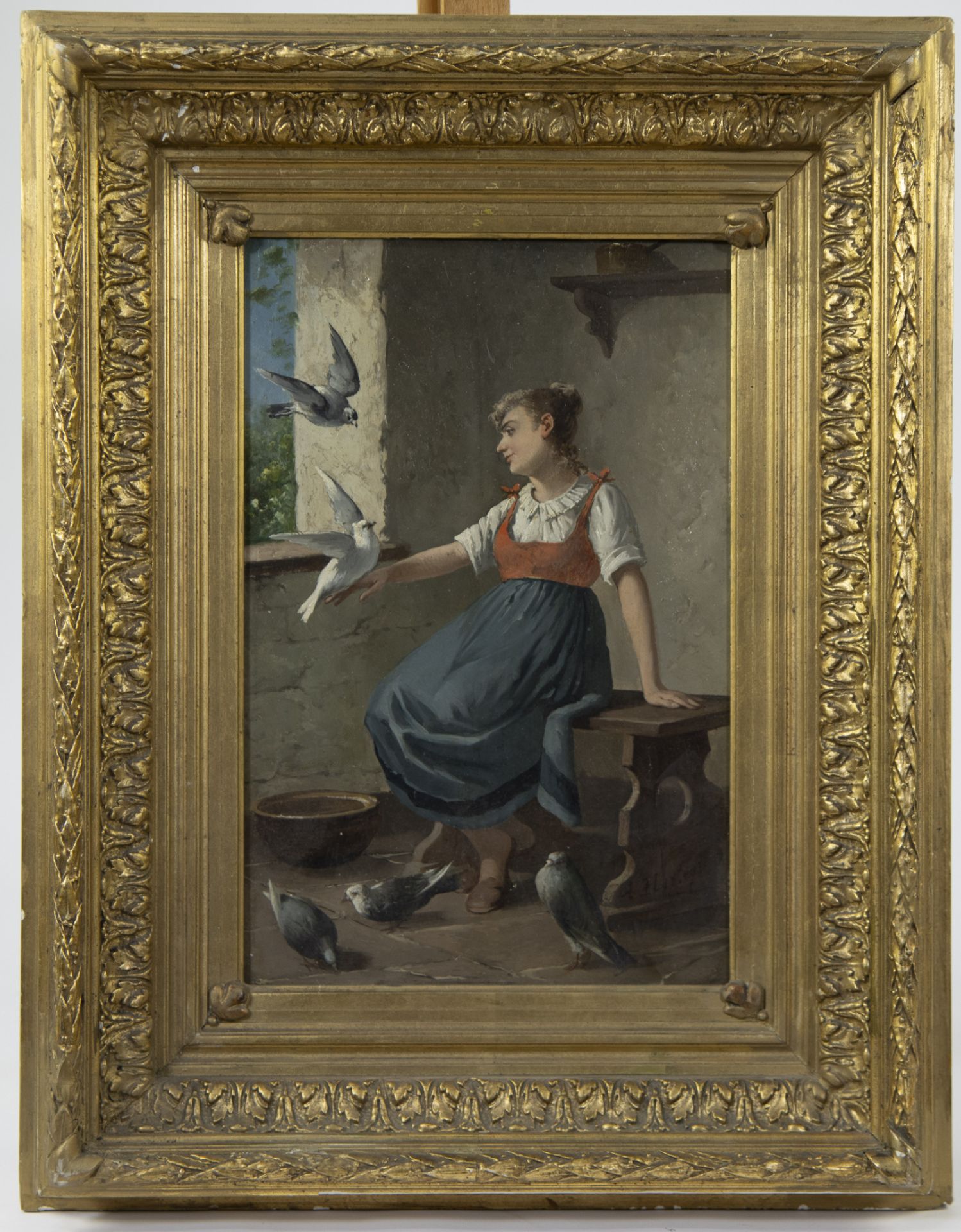 19th century oil on panel Girl with pigeons, drawn, in original gilt frame - Bild 2 aus 4