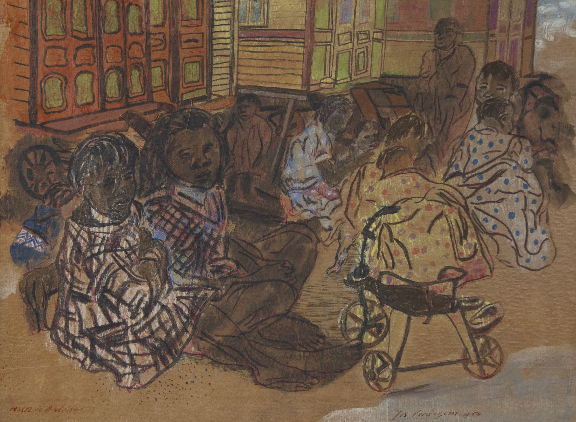 Joseph VERDEGEM (1897-1957), mixed media Gypsies and caravans, signed and dated 1954