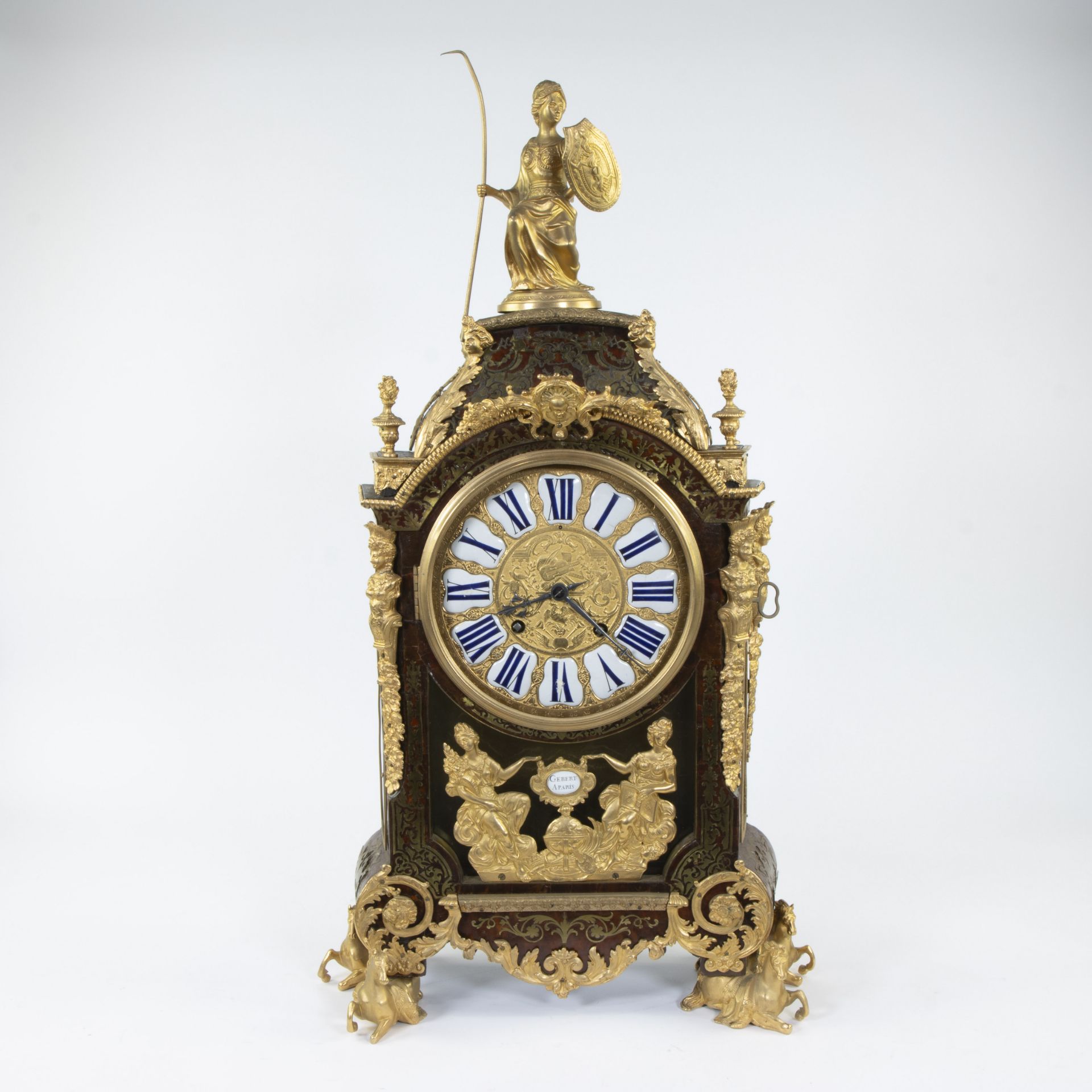 Superb French 19th-century Louis XV boulle clock, pediment surmounted by a classical female figure,