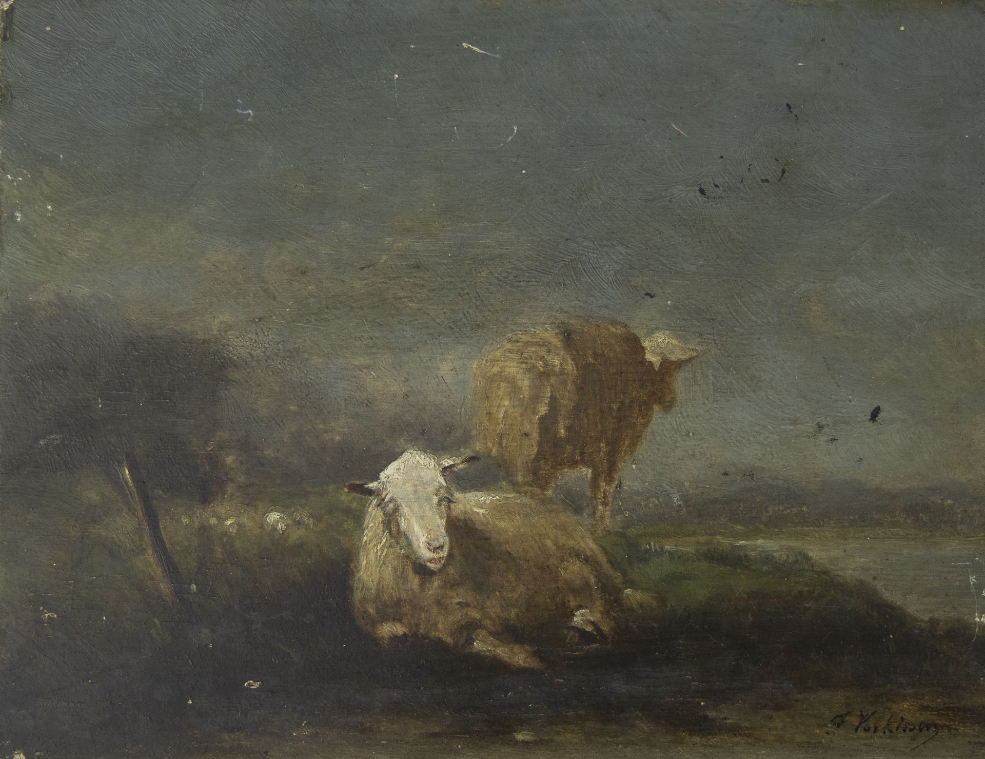 Lot of 2 19th century works, oil on panel Sheep in landscape - Image 2 of 7