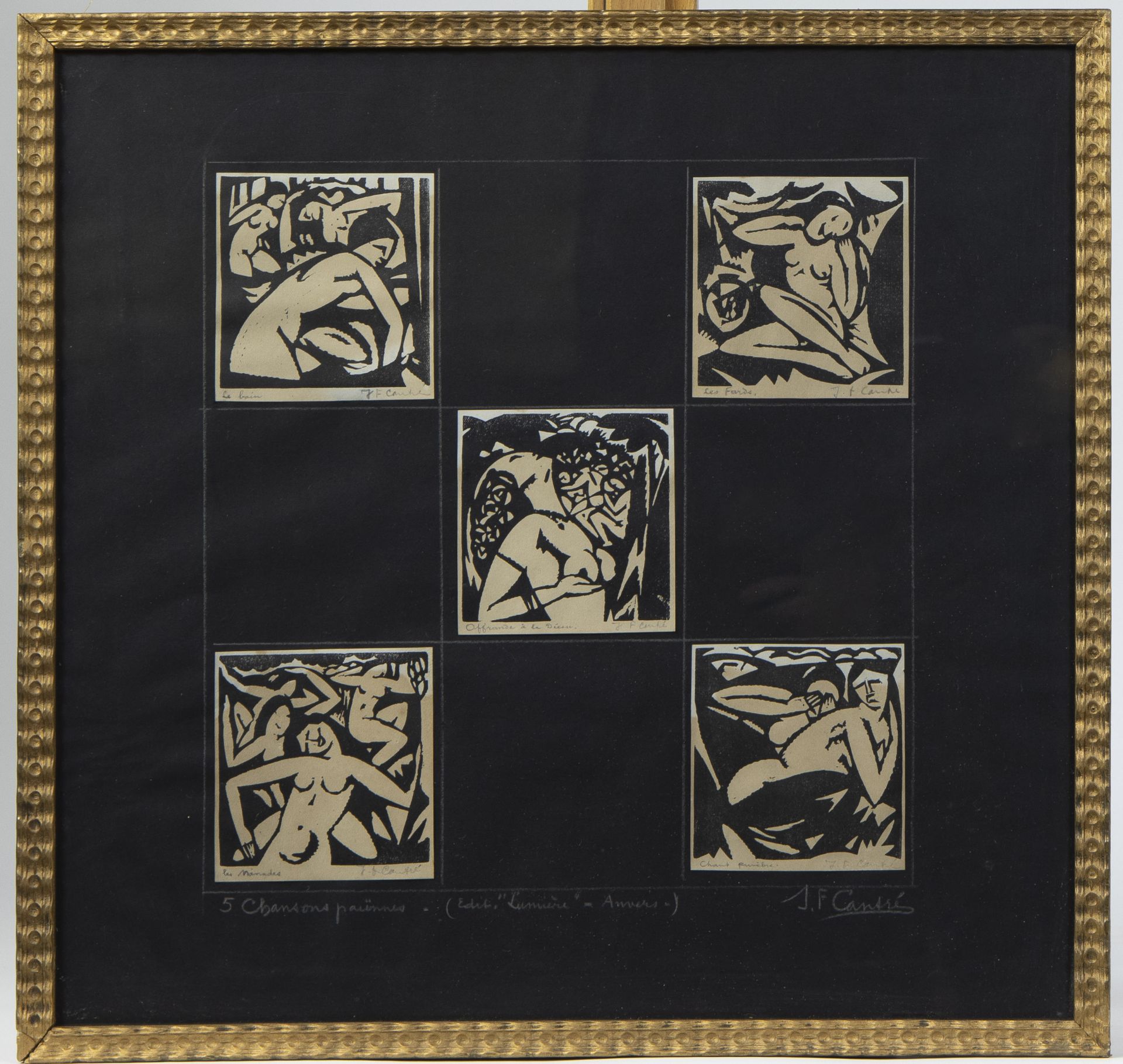 Jan Frans CANTRE (1886-1931), woodcuts 5 Chanssons Païennes, signed and titled, édition Lumière Anve - Bild 2 aus 3