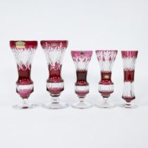 5 red and clear cut crystal vases Val Saint Lambert