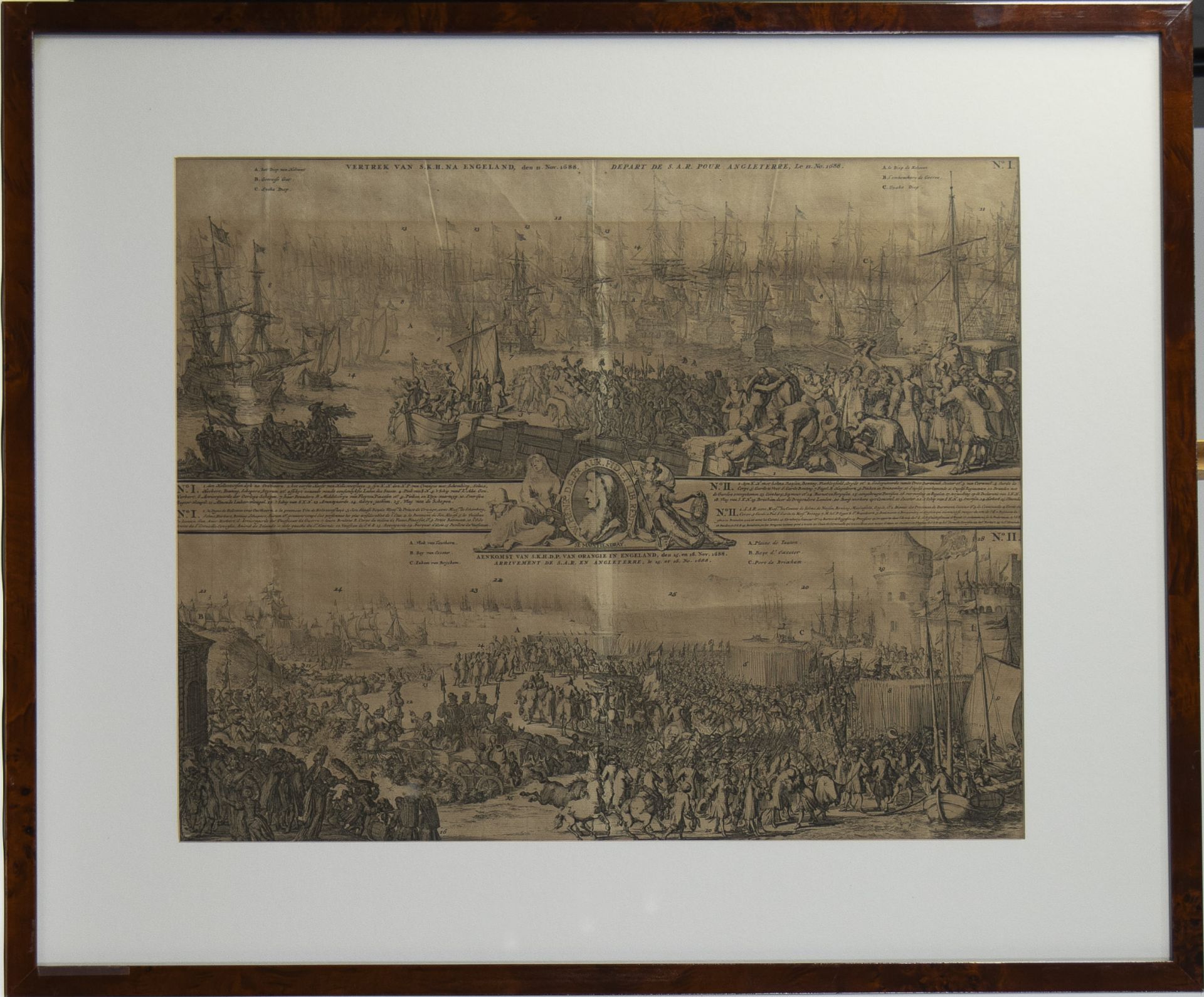 2 antique engravings 'het Hoog en Lager Huys van Engelandt' en 'Vertrek en Aankomst van Orangie in E - Bild 5 aus 5