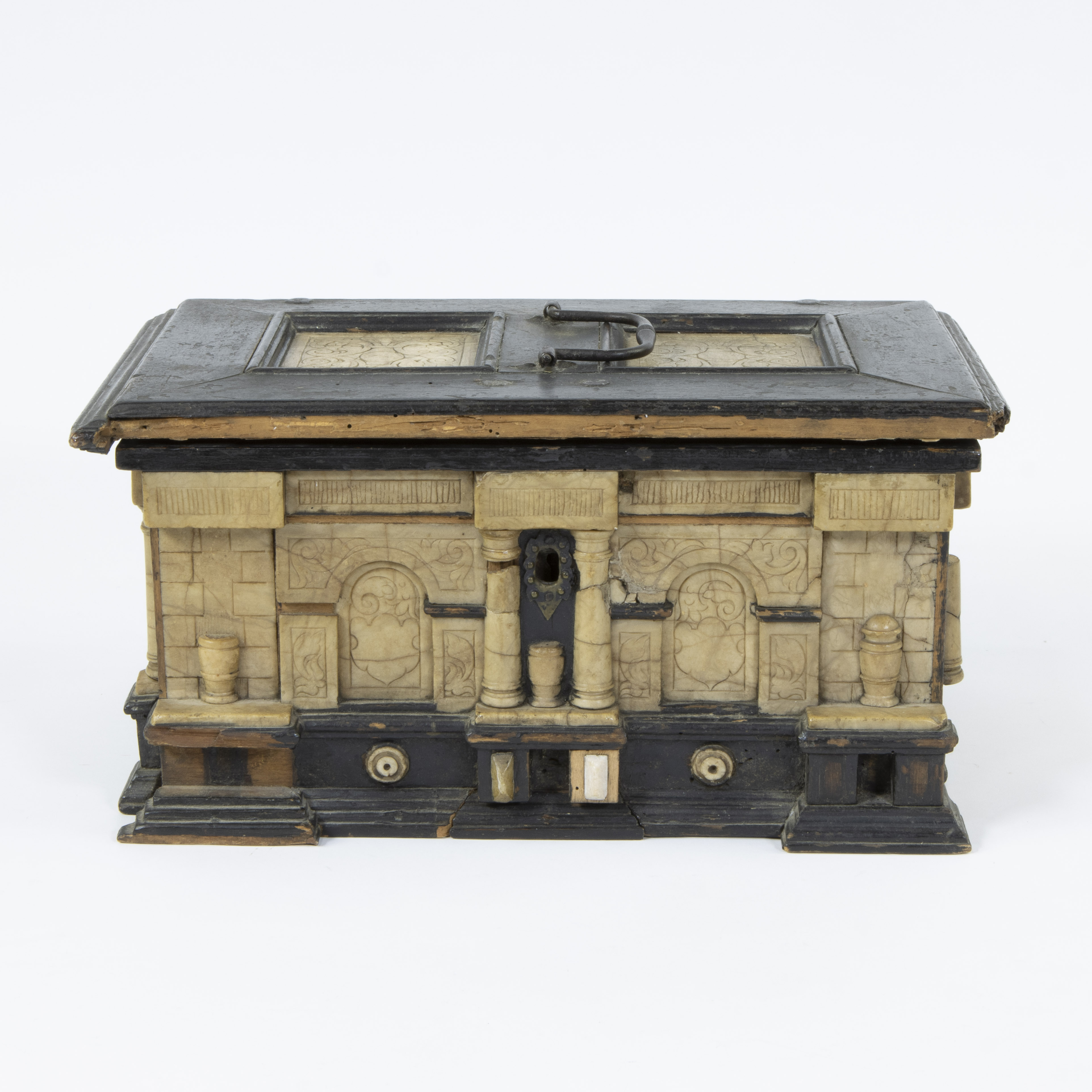 An early 17th century ebonised and alabaster table casket, Malines, circa 1630