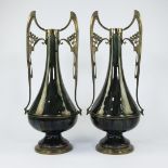 Couple Brussels Art Nouveau vase in ceramic with gilt brass, circa 1900