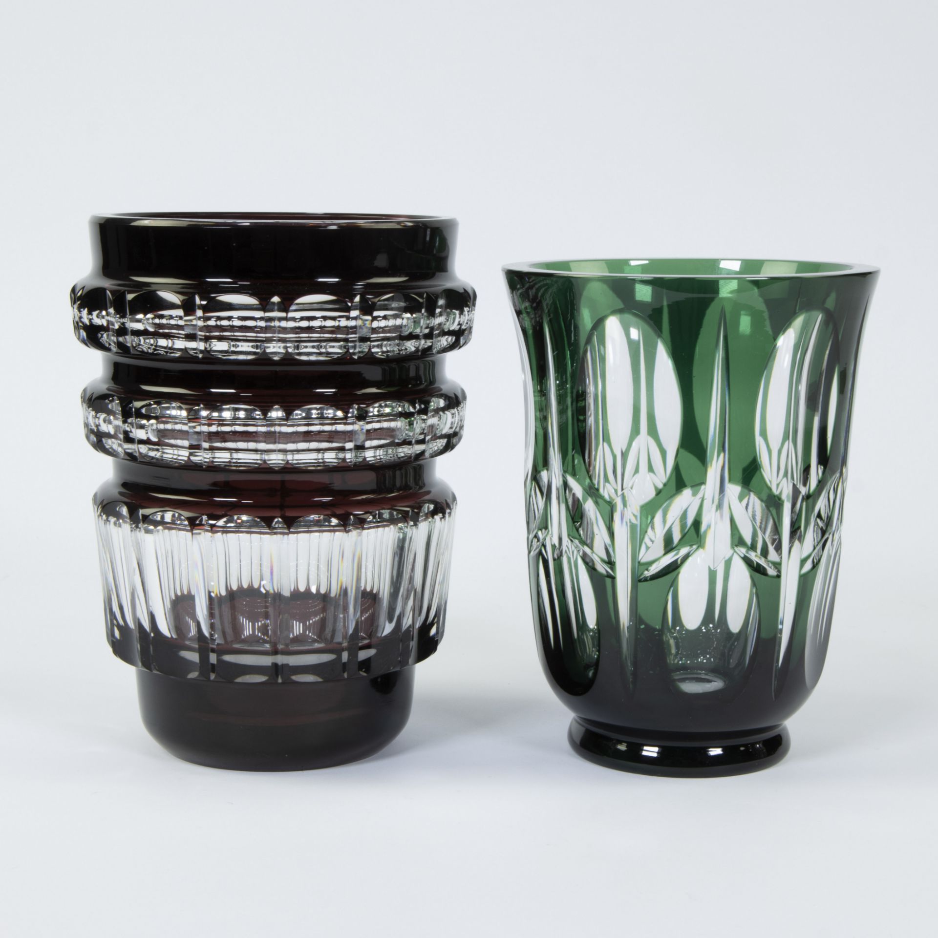 Val Saint Lambert brown and clear cut crystal vase by Joseph Simon and green and clear cut crystal A - Image 4 of 5