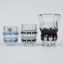 Val Saint Lambert, 3 clear and green/blue and brown cut crystal Art Deco vases, one signed and one w