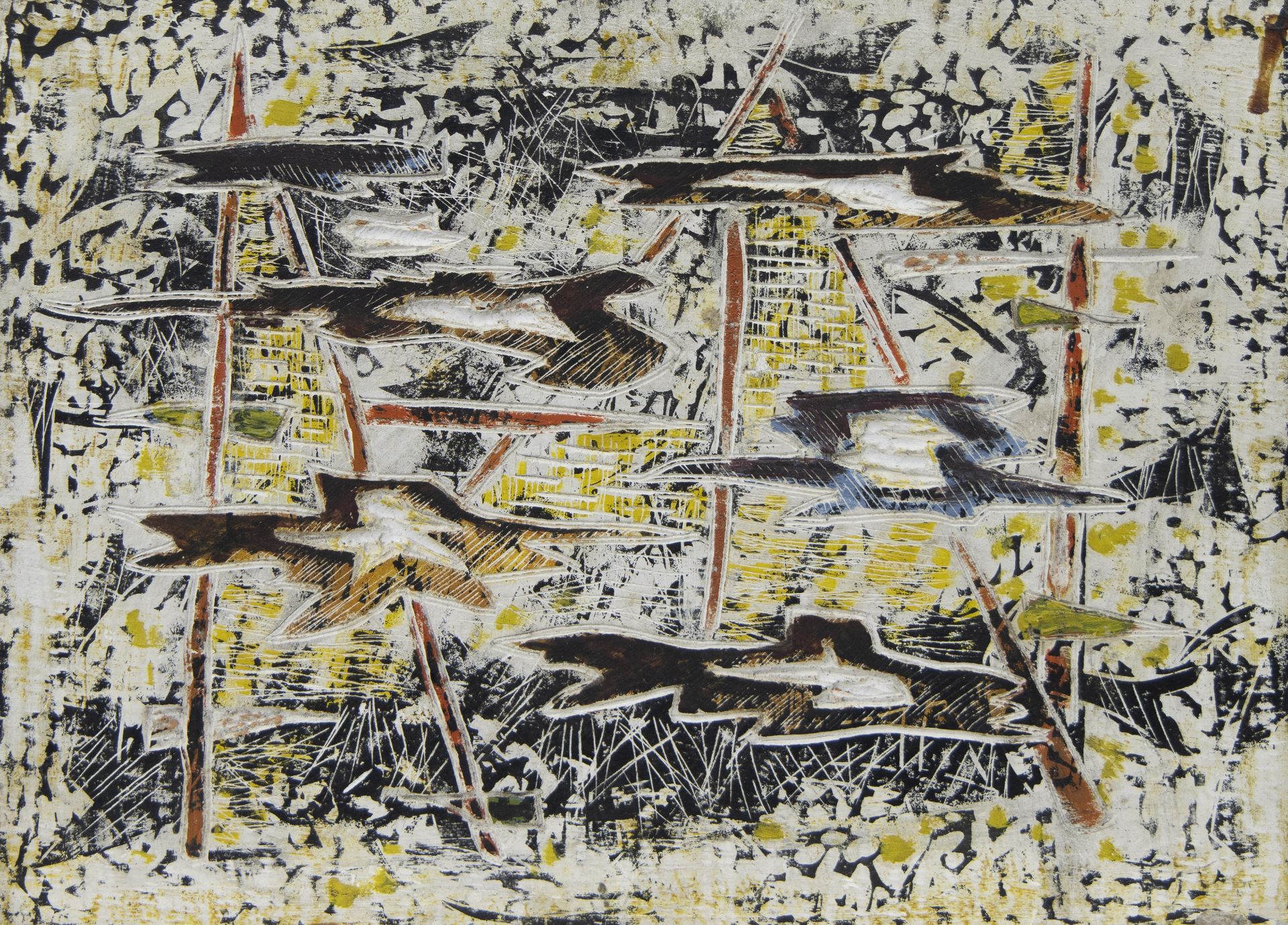 Léopold PLOMTEUX (1920-2008), grattage sur plâtre, ca 1958, signed