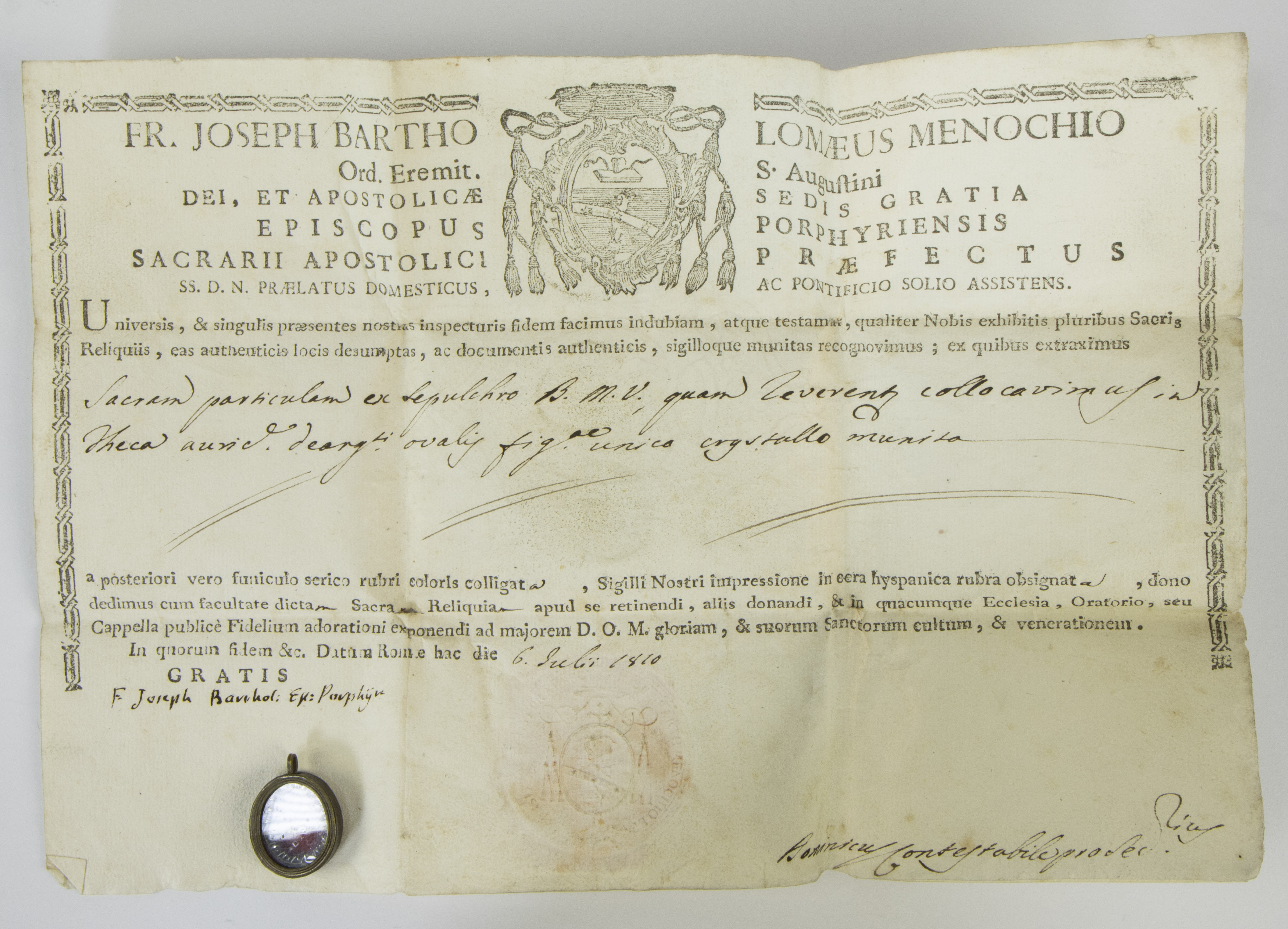 Document FR. JOSEPH BARTHO LOMAEUS MENOCHIO ORD. EREMIT S. AUGUSTINI 1810 with reliquary and silver - Image 2 of 5