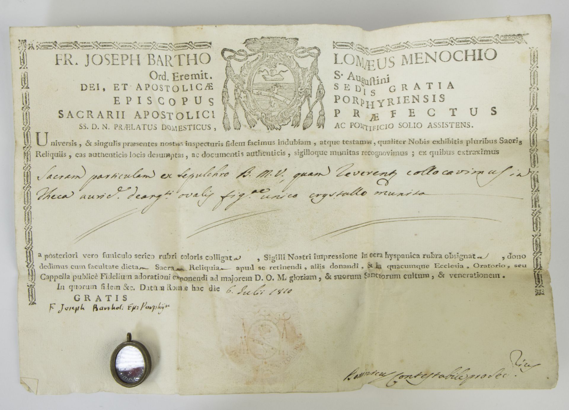 Document FR. JOSEPH BARTHO LOMAEUS MENOCHIO ORD. EREMIT S. AUGUSTINI 1810 with reliquary and silver - Image 2 of 5