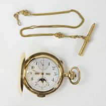 Gold pocket watch 'Le Phare' with golden chain (18 ct), 25 grams, Chronographe répétition, ca 1890