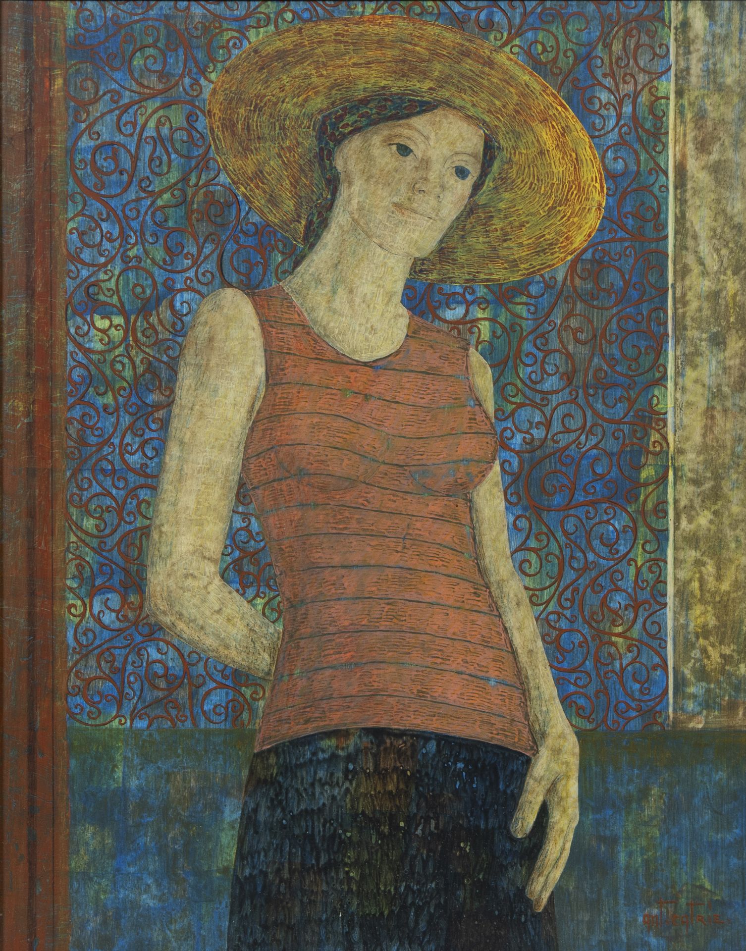 Antoon CATRIE (1924-1977), tempera on panel Young lady with hat, signed