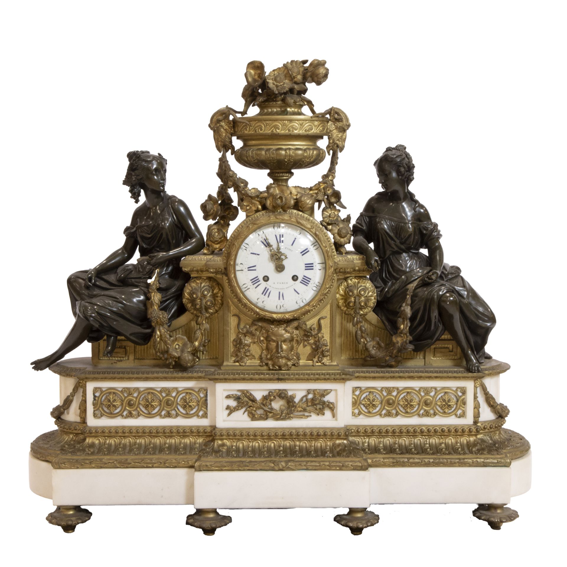 Impressive 19th century French bronze Louis XVI mantel clock with white marble base circa 1860, dial