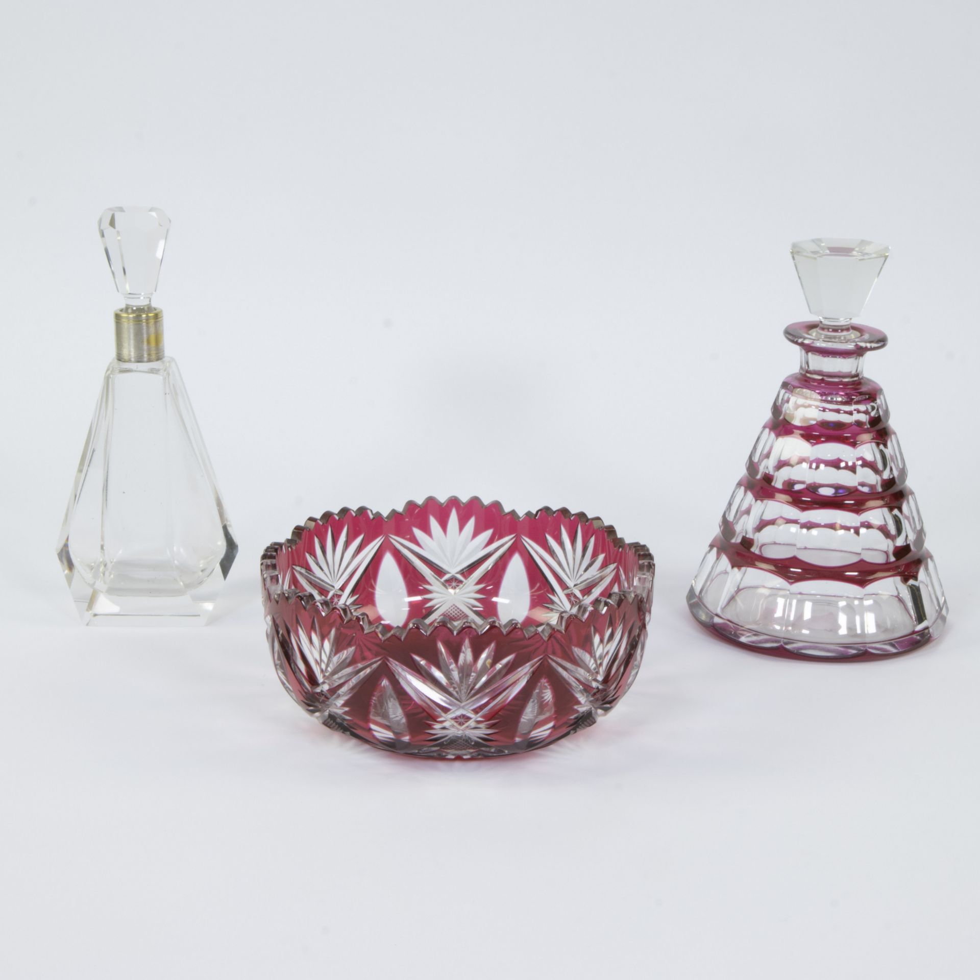 Collection of Val Saint Lambert, red and clear cut crystal bowl and decanter and clear cut perfume b