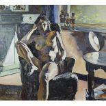 Johan VAN VLAENDEREN (1952), oil on canvas Sitting nude with 3 soldiers, signed and dated '92