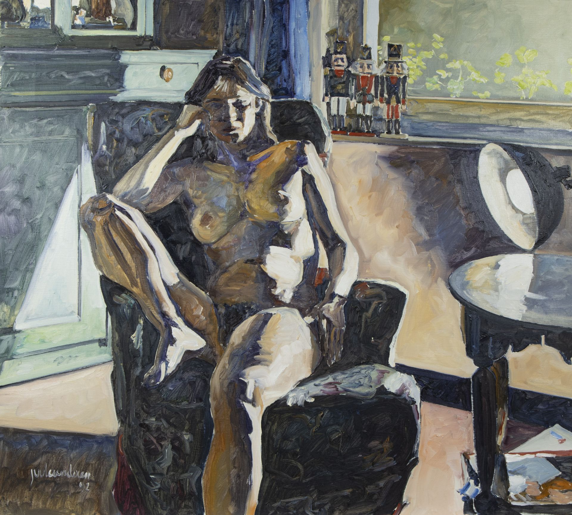 Johan VAN VLAENDEREN (1952), oil on canvas Sitting nude with 3 soldiers, signed and dated '92