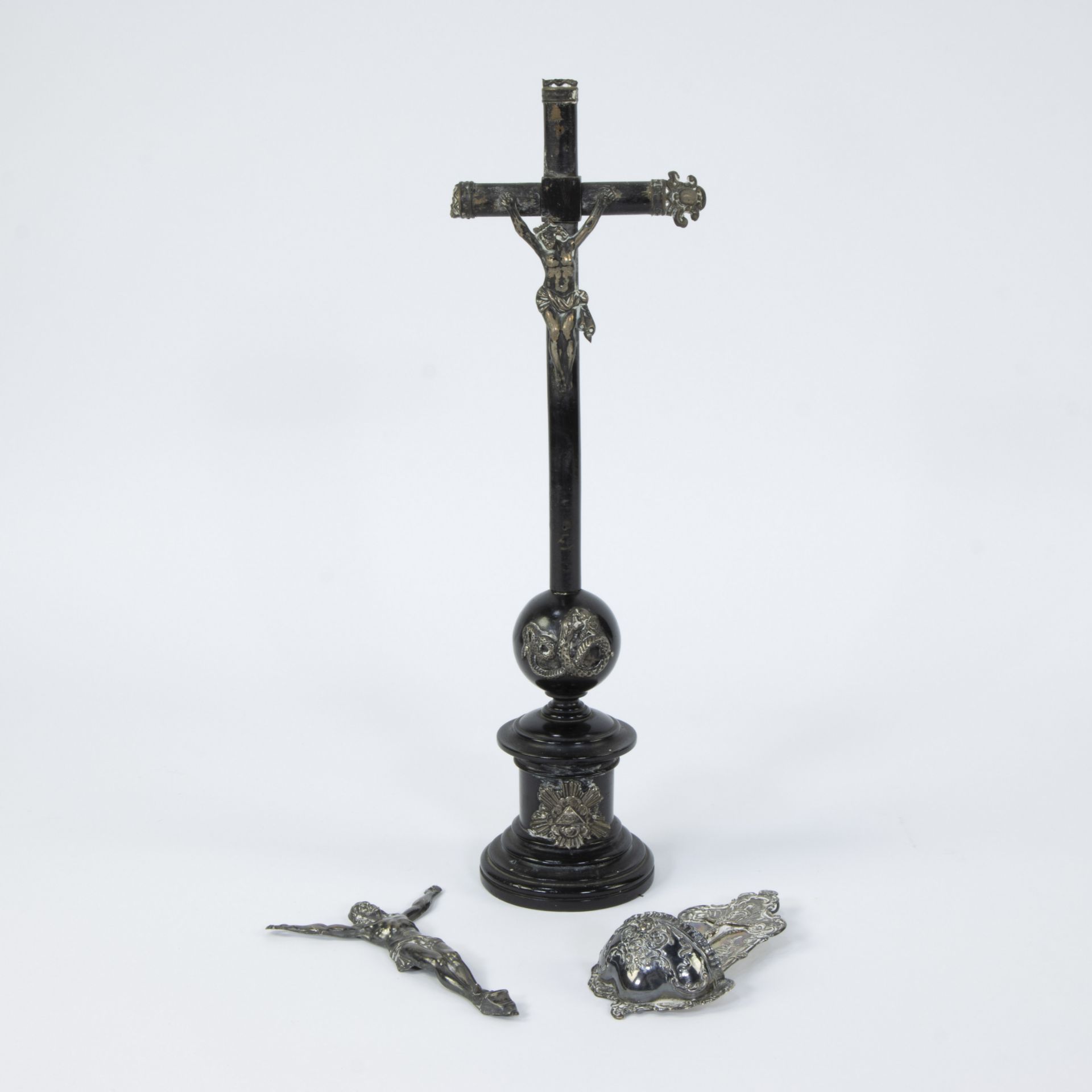 Collection of 2 silver Corpus and silver holy water vessel, 19th century
