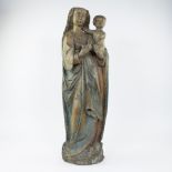 Wooden Madonna and Child with remains of original polychromy, late Gothic 16th century, Mechelen
