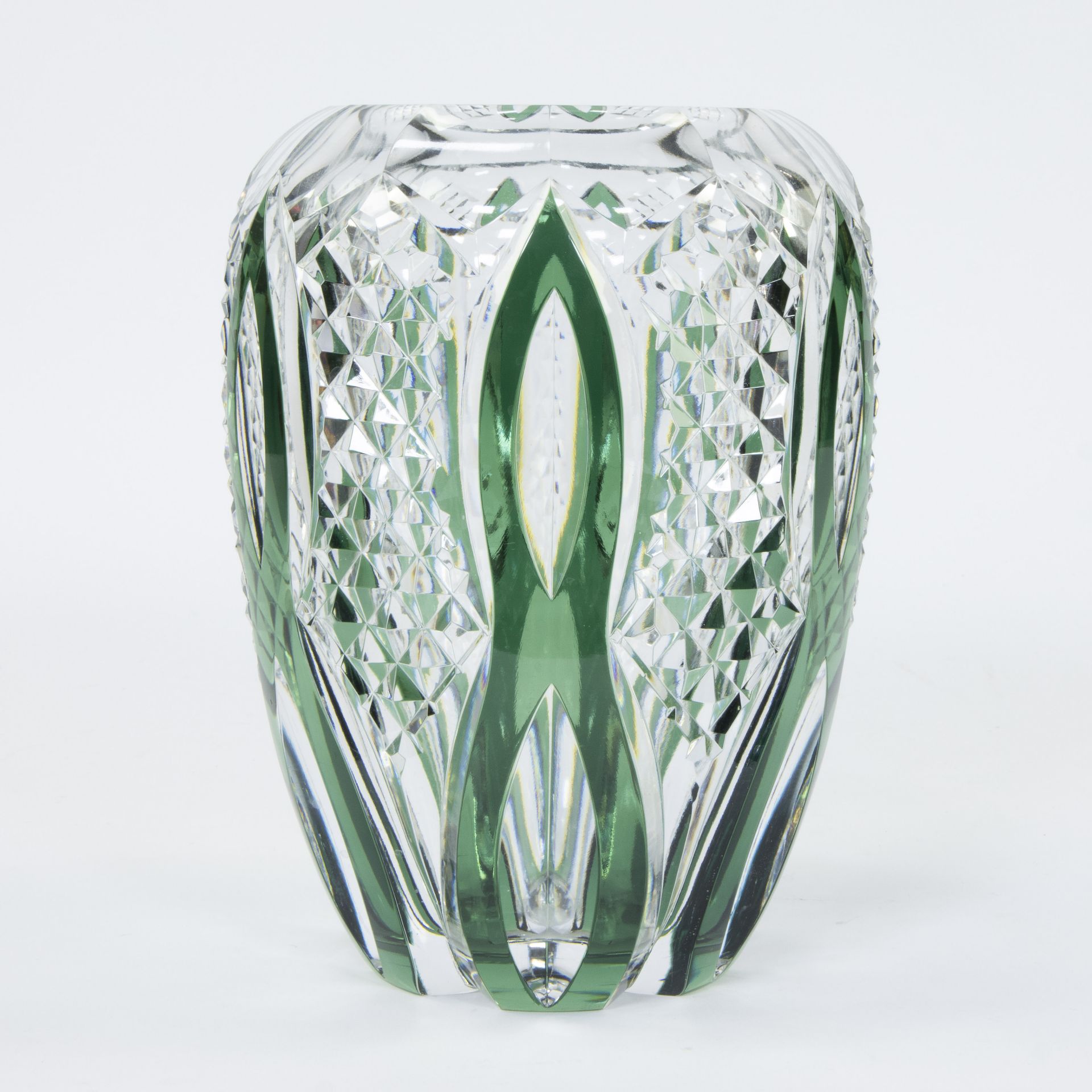 Val Saint Lambert clear and green cut crystal Art Deco vase, marked 1052 PU (pièce unique)