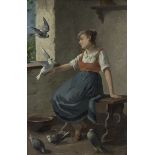 19th century oil on panel Girl with pigeons, drawn, in original gilt frame