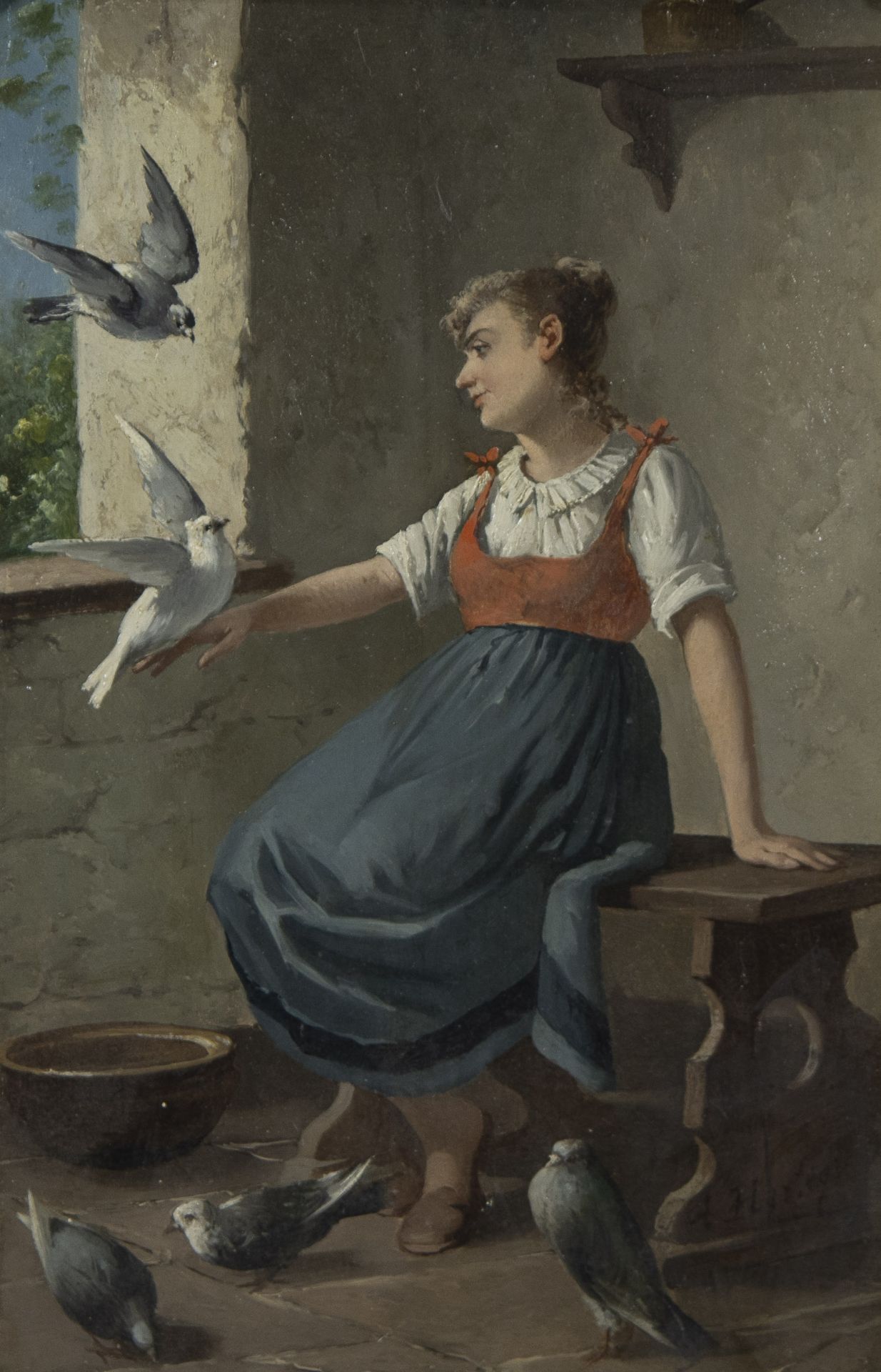 19th century oil on panel Girl with pigeons, drawn, in original gilt frame