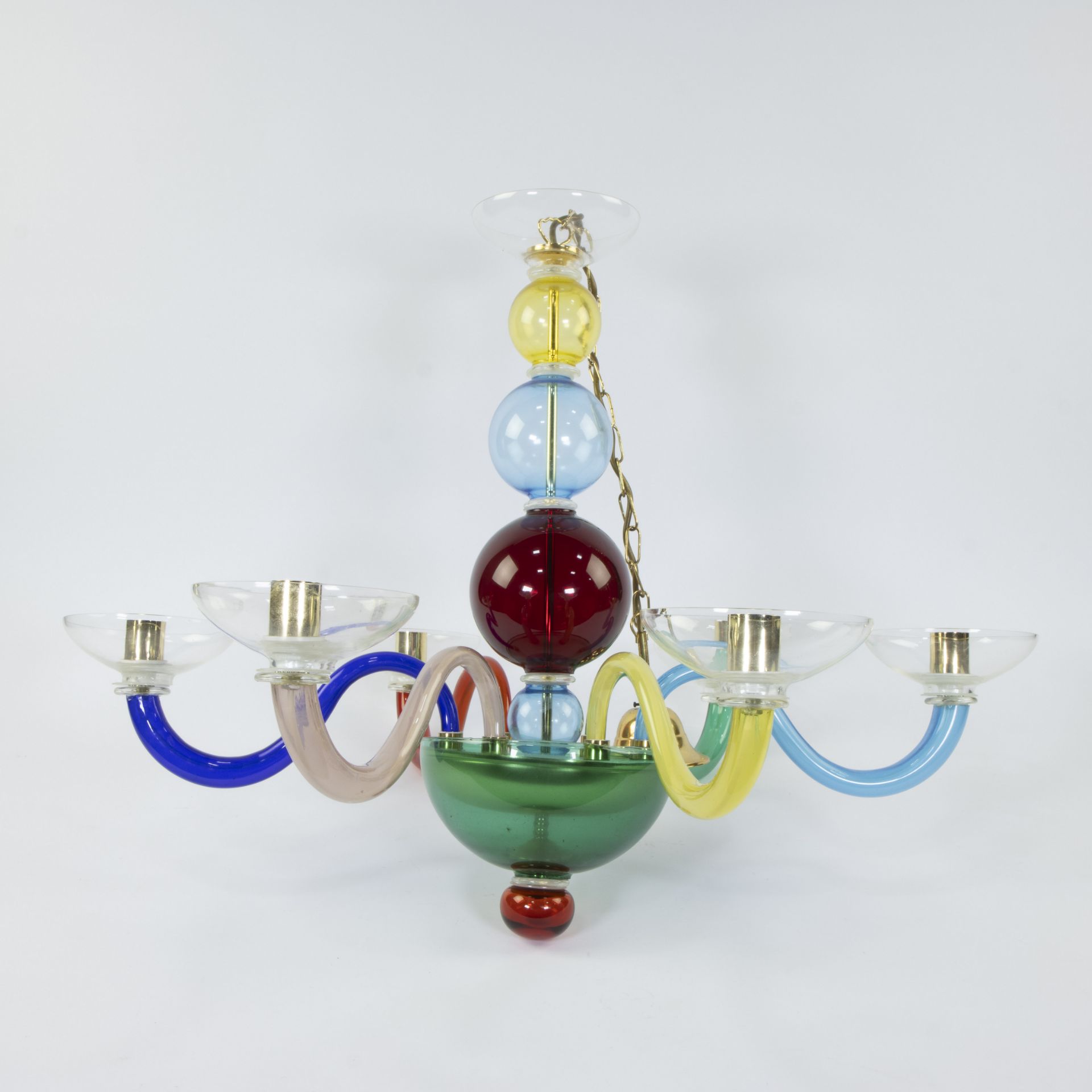 Chandelier with 6 arms after Gio Ponti, in transparent polychrome blown glass, 1980s