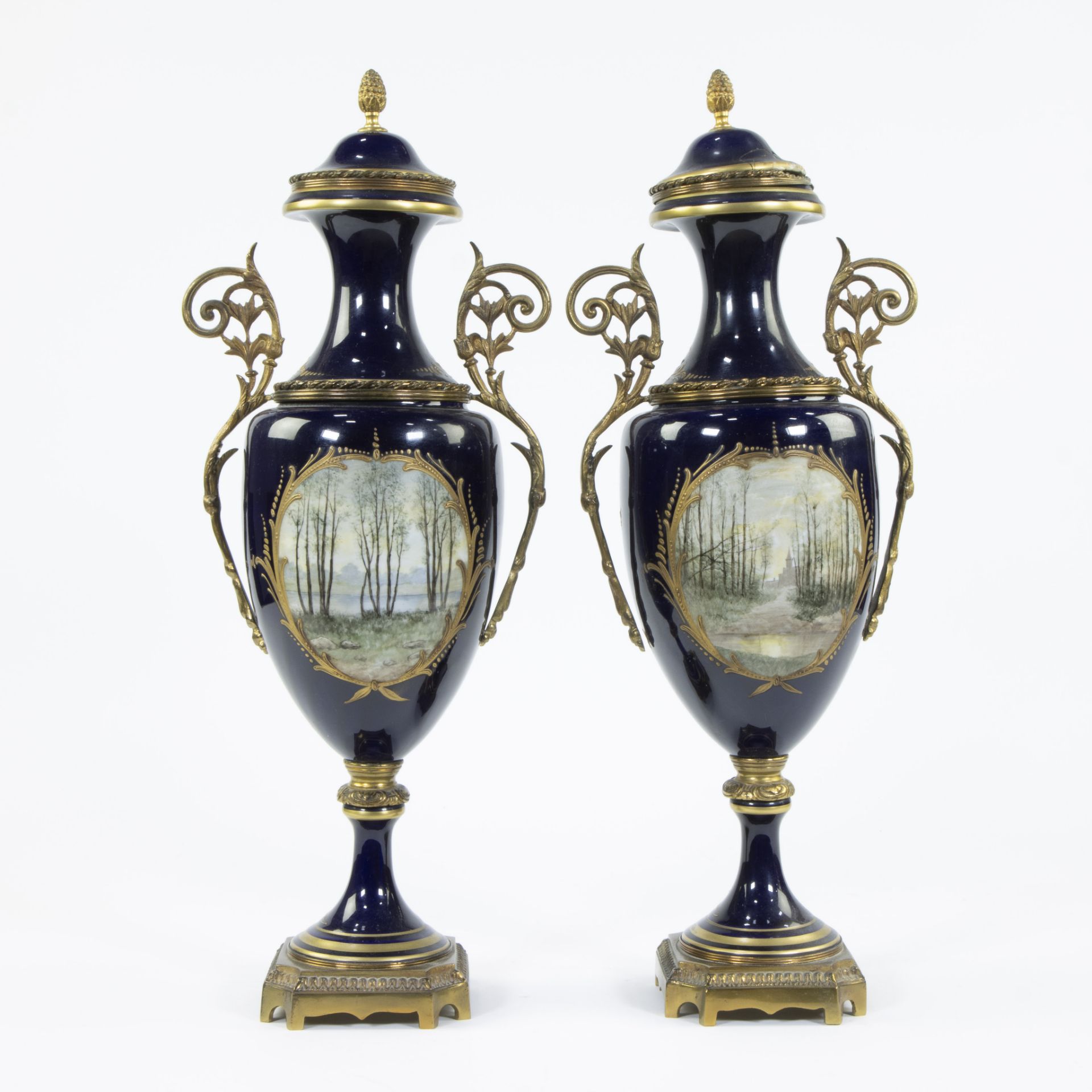 A pair of Sèvres ornamental vases of cobalt blue porcelain and gilt brass and decorated with multi-c - Bild 4 aus 7
