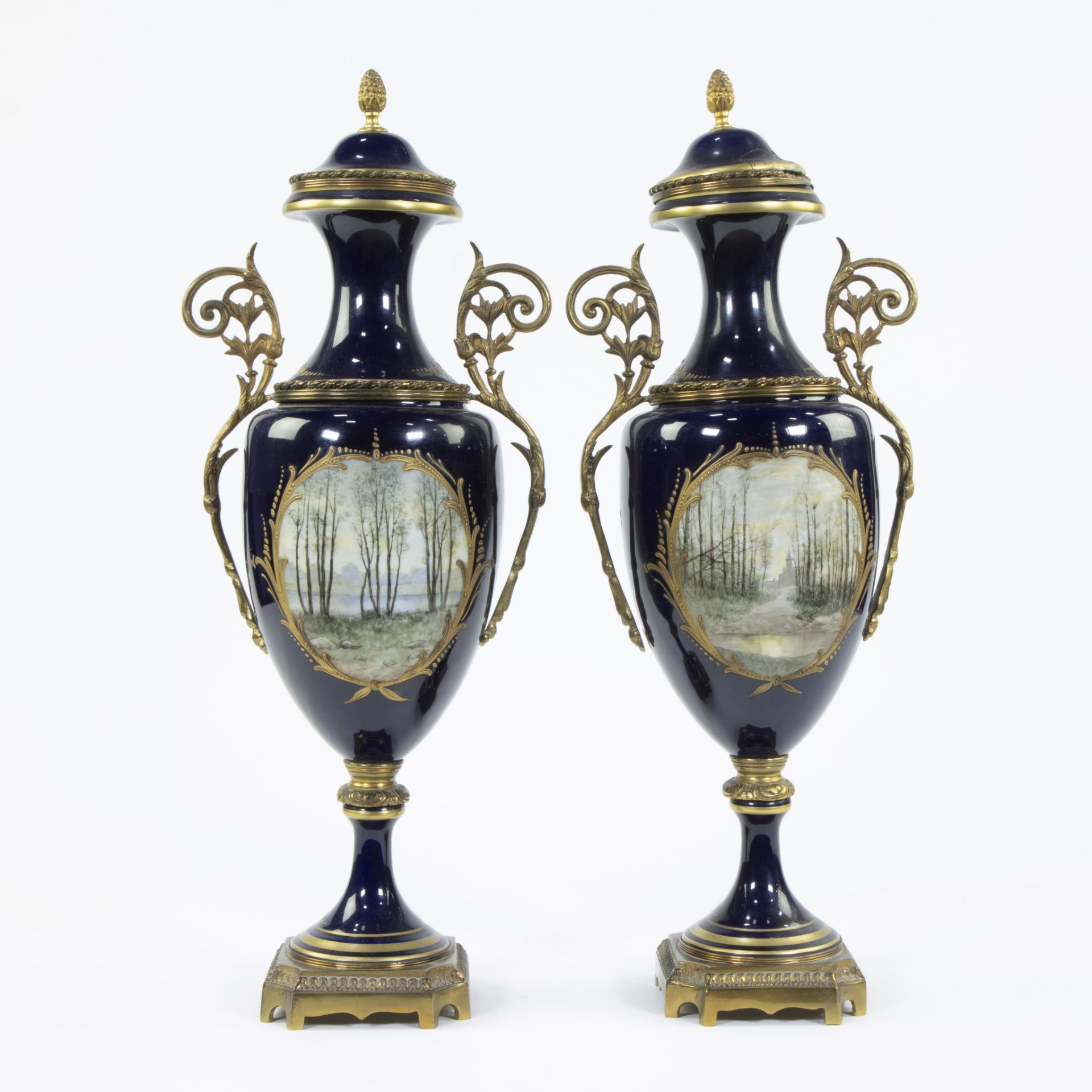 A pair of Sèvres ornamental vases of cobalt blue porcelain and gilt brass and decorated with multi-c - Image 4 of 7