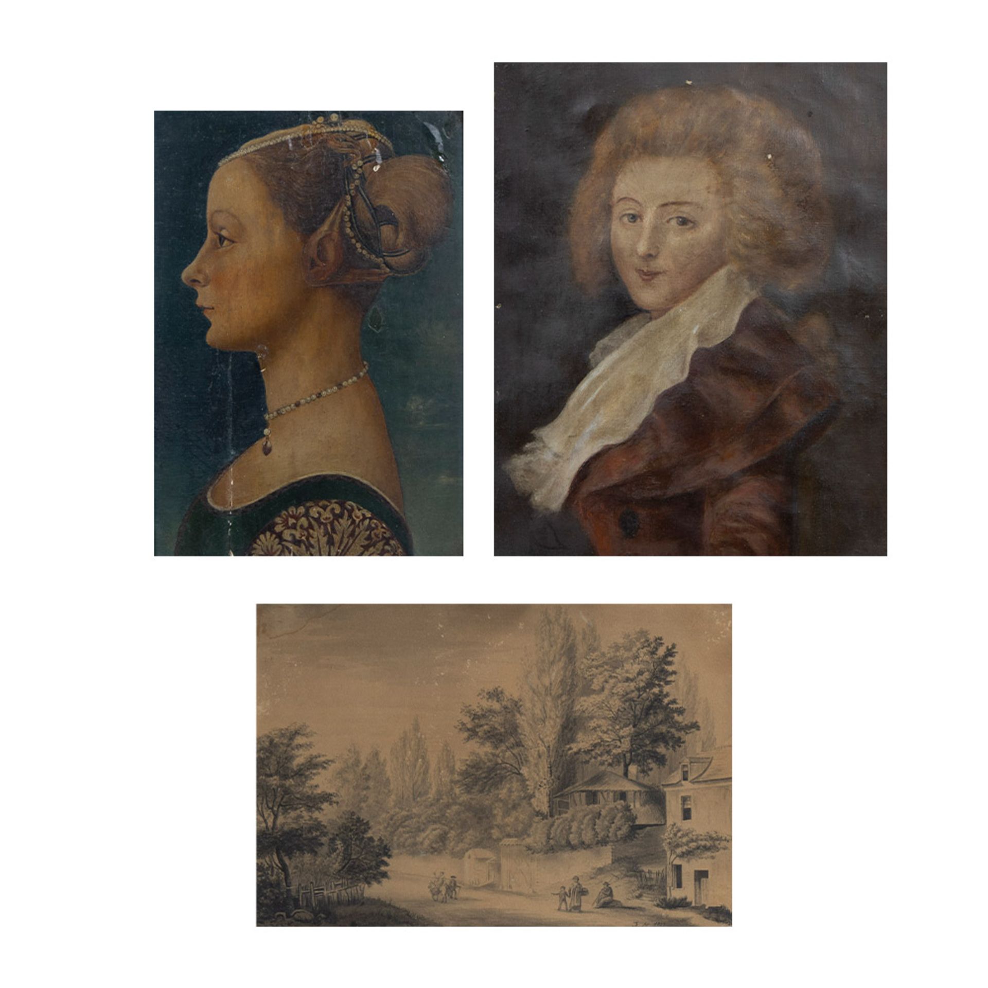 2 19th century paintings and a pencil drawing