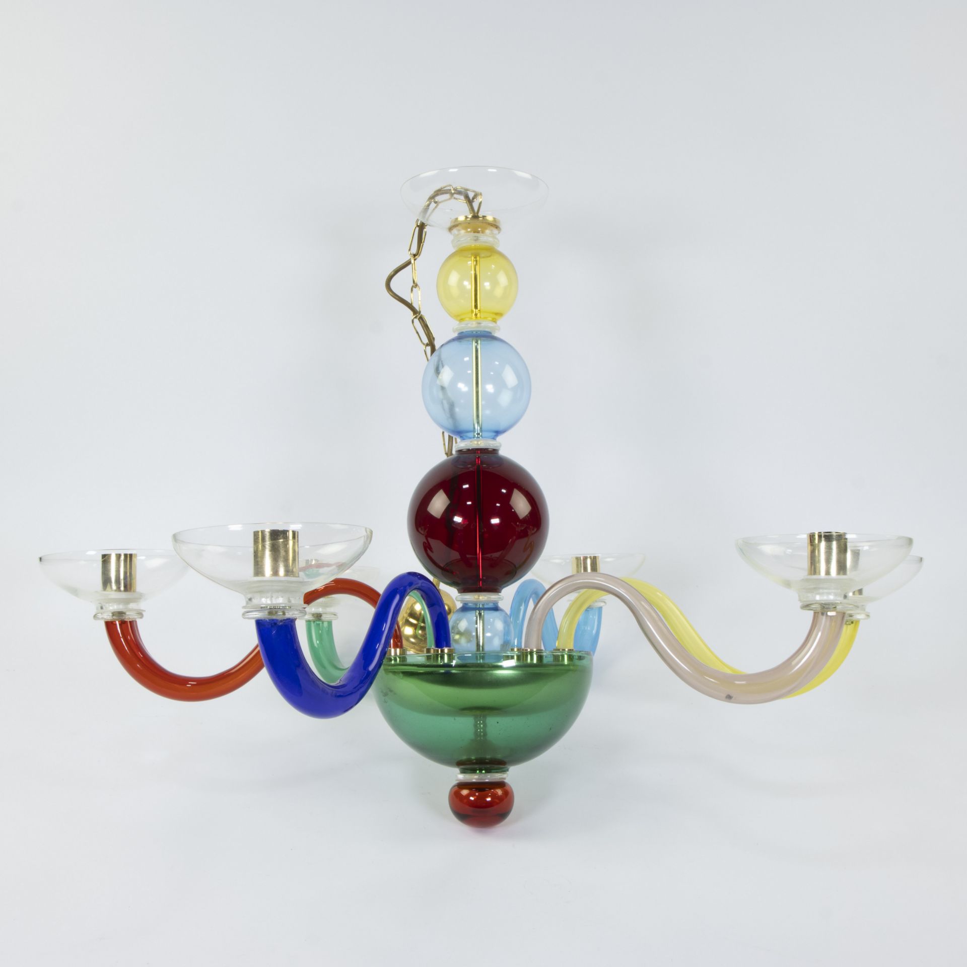 Chandelier with 6 arms after Gio Ponti, in transparent polychrome blown glass, 1980s - Image 4 of 4