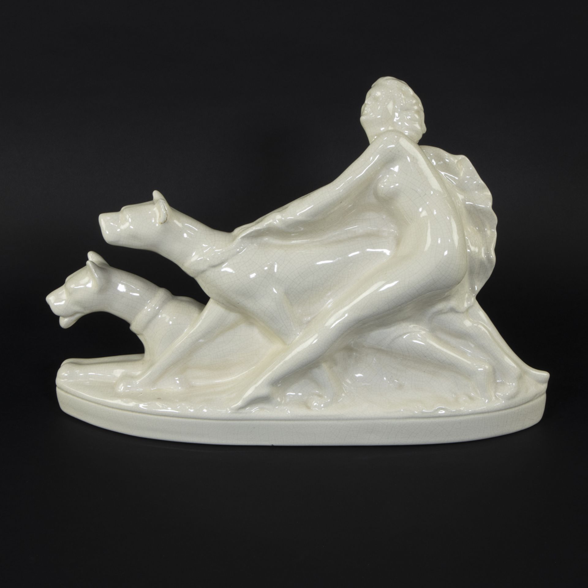 Collection of Art Deco sculptures of cracked ceramics a.o. Lady with greyhounds by fontinelle, eleph - Image 3 of 4