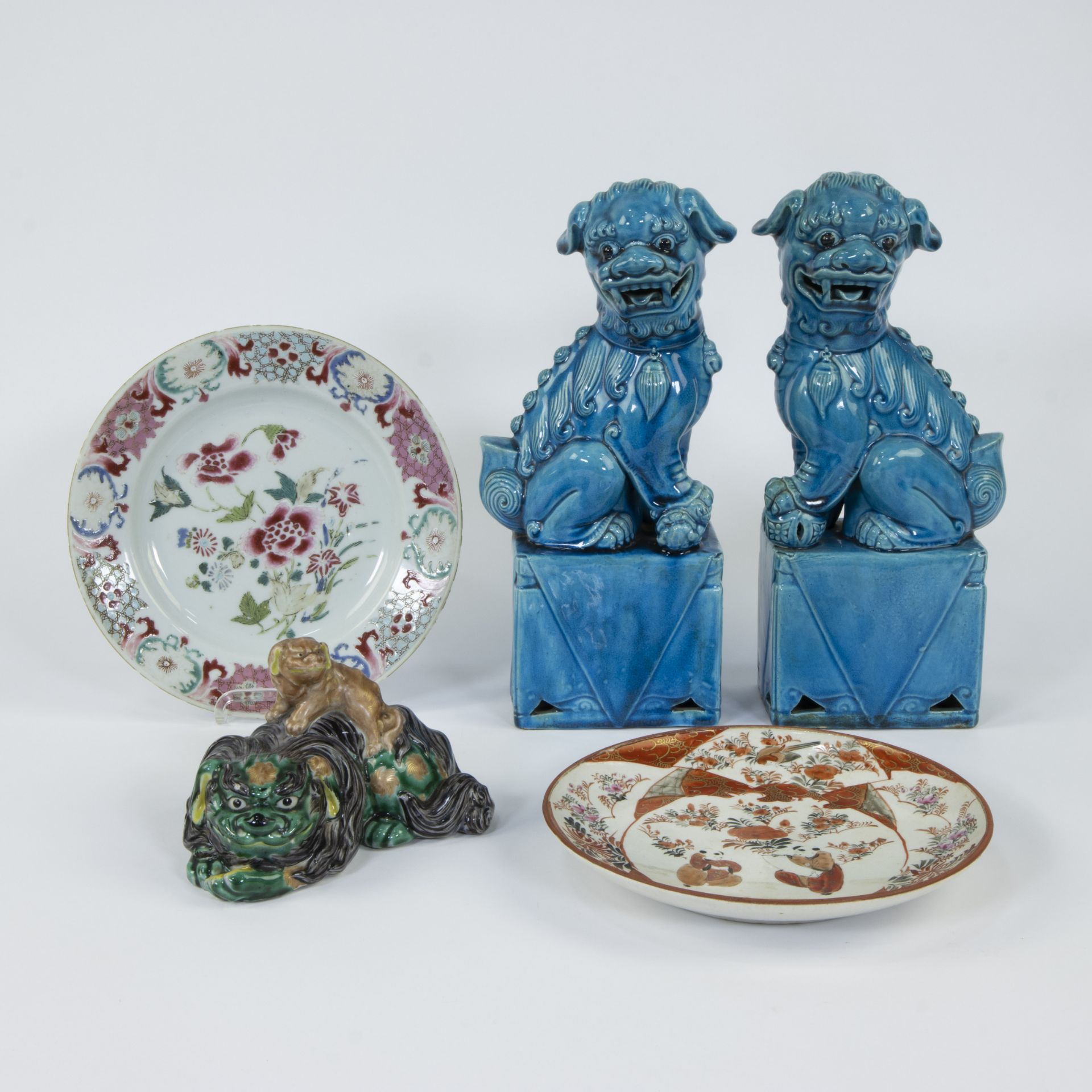 Various Chinese porcelain and pottery, famille rose plate 18th century, pair of blue glazed Chien Fo