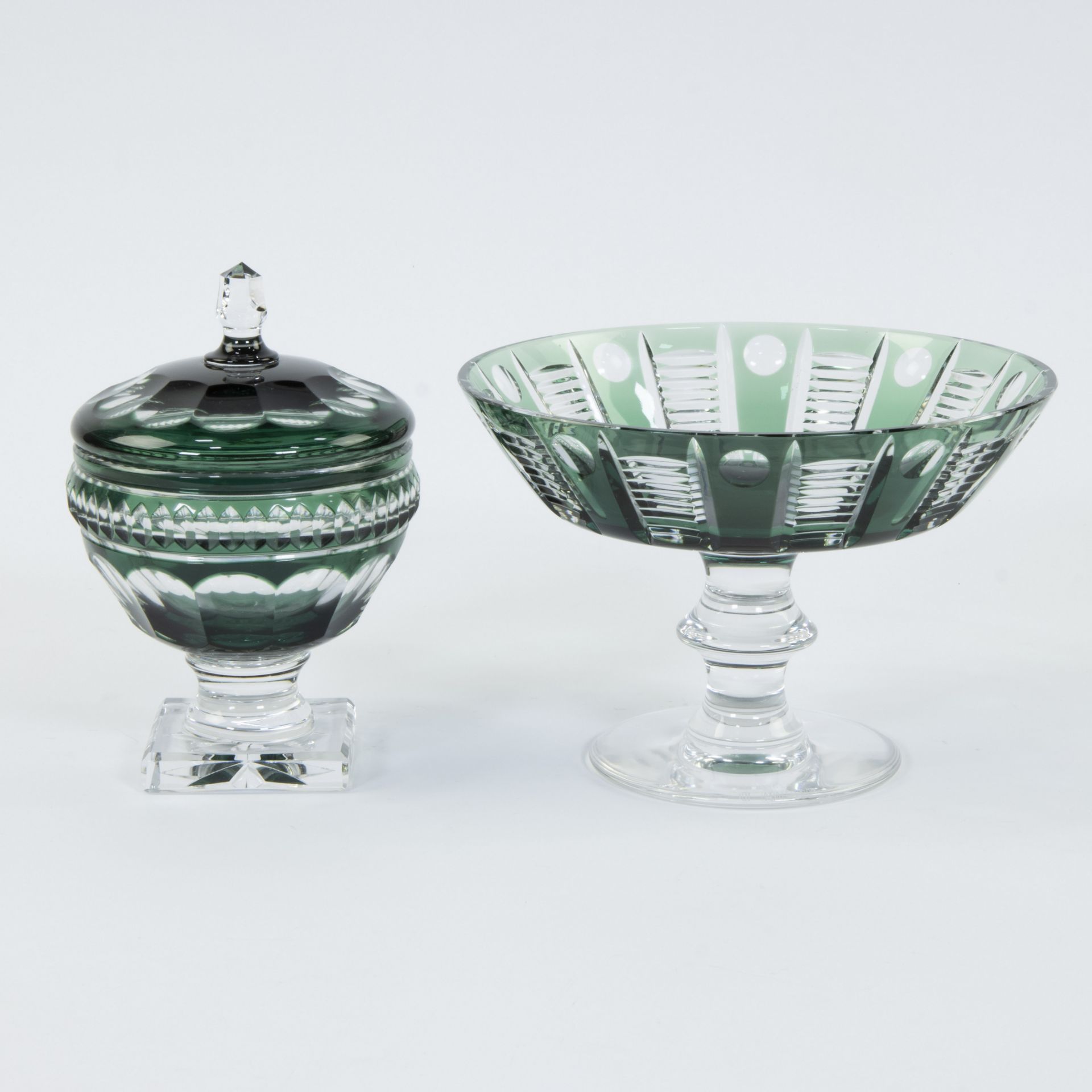 Val Saint Lambert lidded coupe and bowl on foot in green and clear cut crystal - Bild 2 aus 6